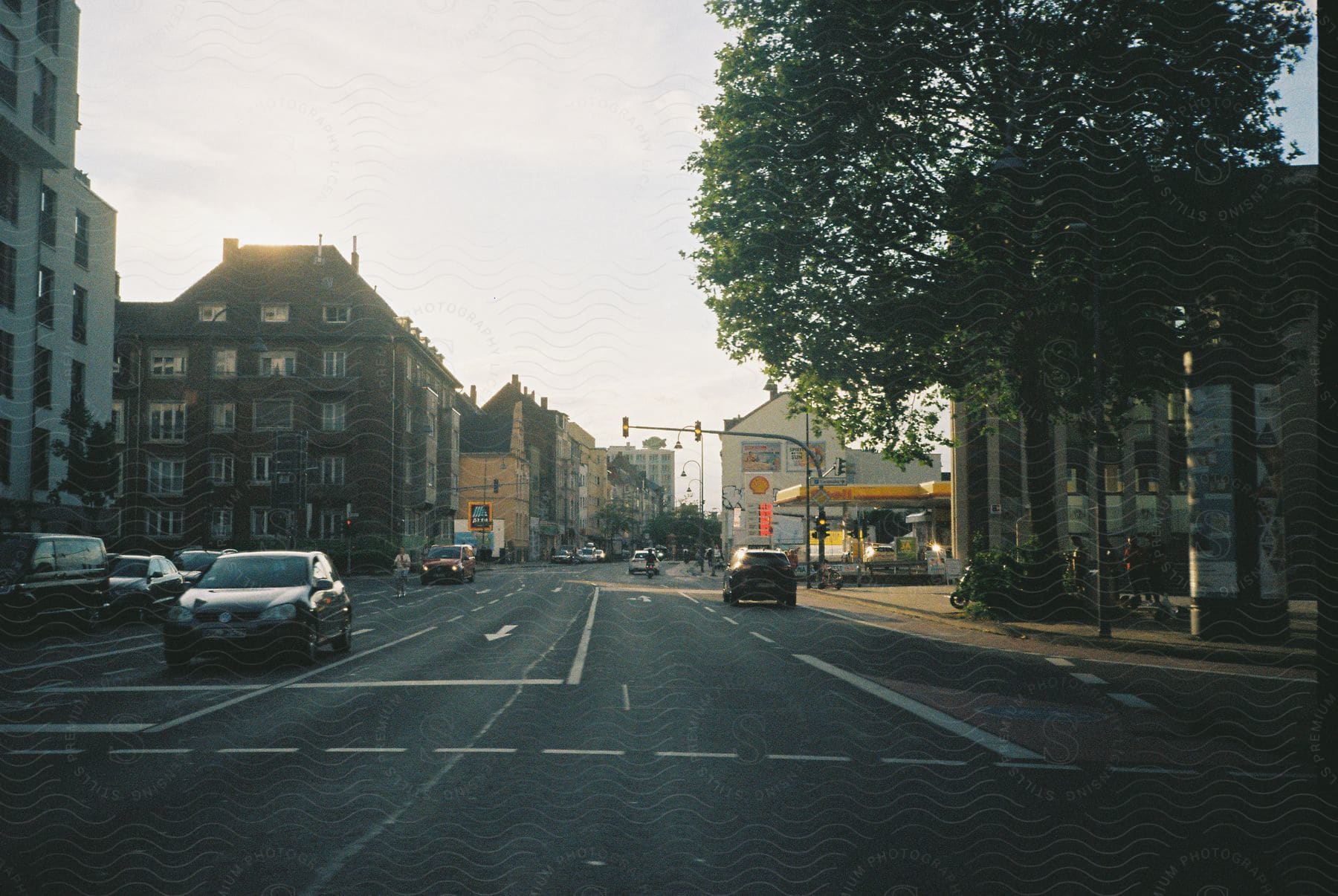 A city street with buildings trees and a road