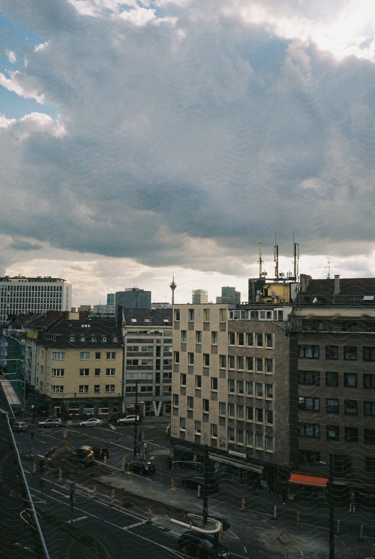 Aerial shot of a downtown city on a cloudy day