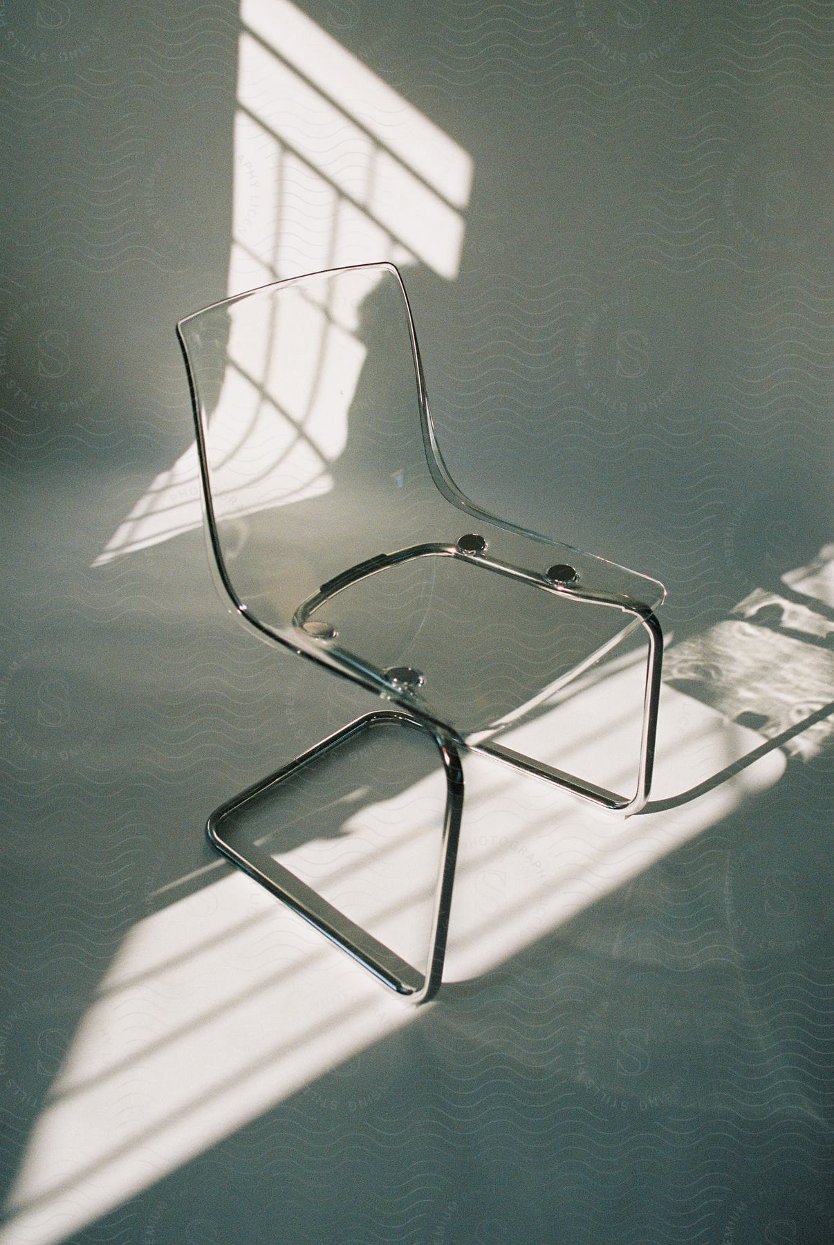 Glass and iron chair in a sunlit room