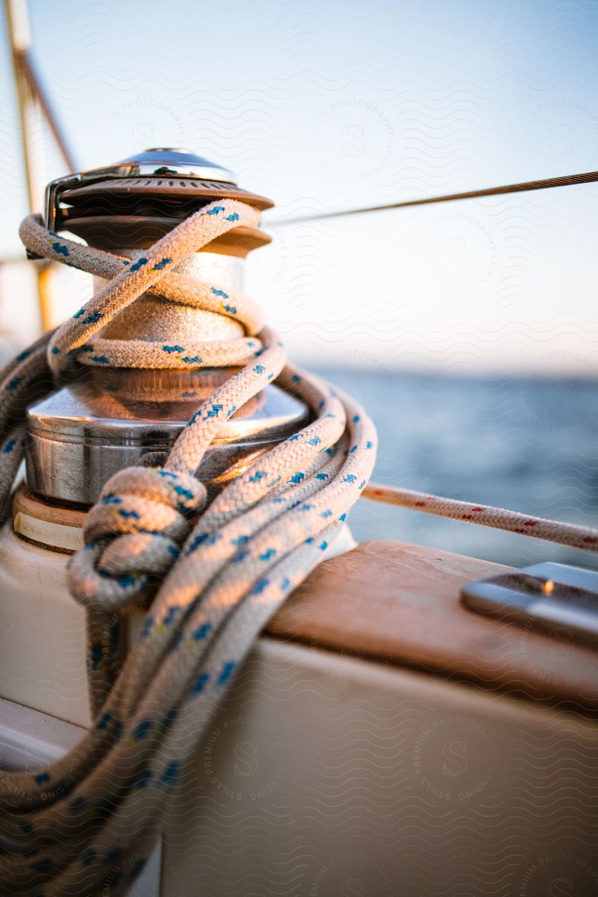 A rope tied on a boat while sailing on the ocean during the day