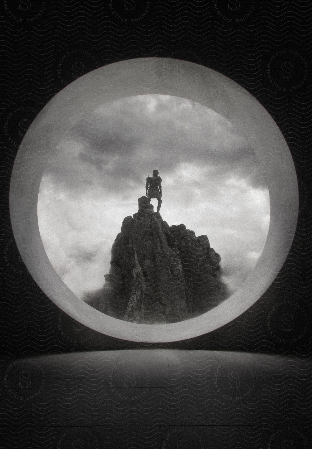 Silhouette of a knight standing over a promontory surrounded by clouds