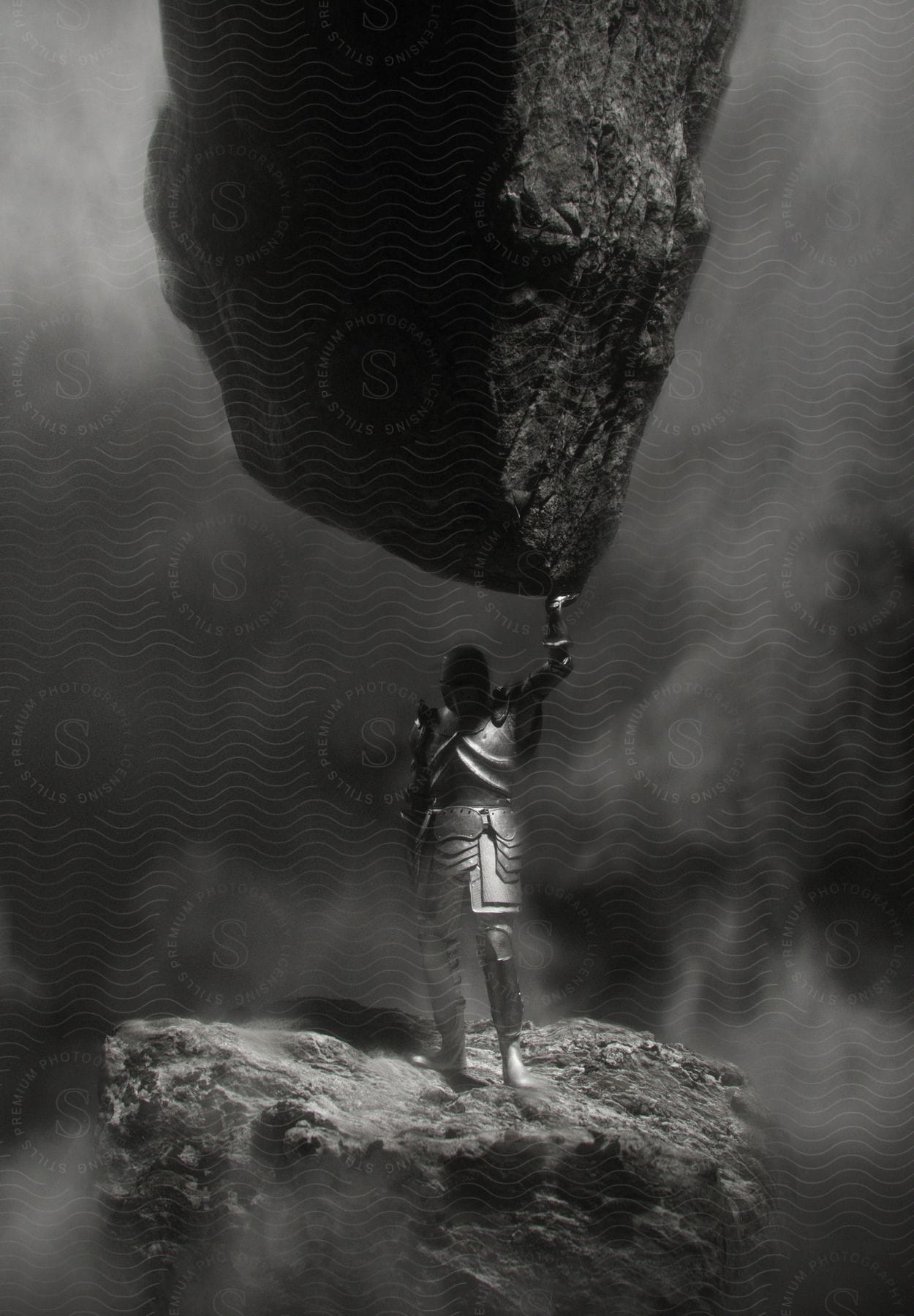 A person in war armor holding a large boulder with one hand