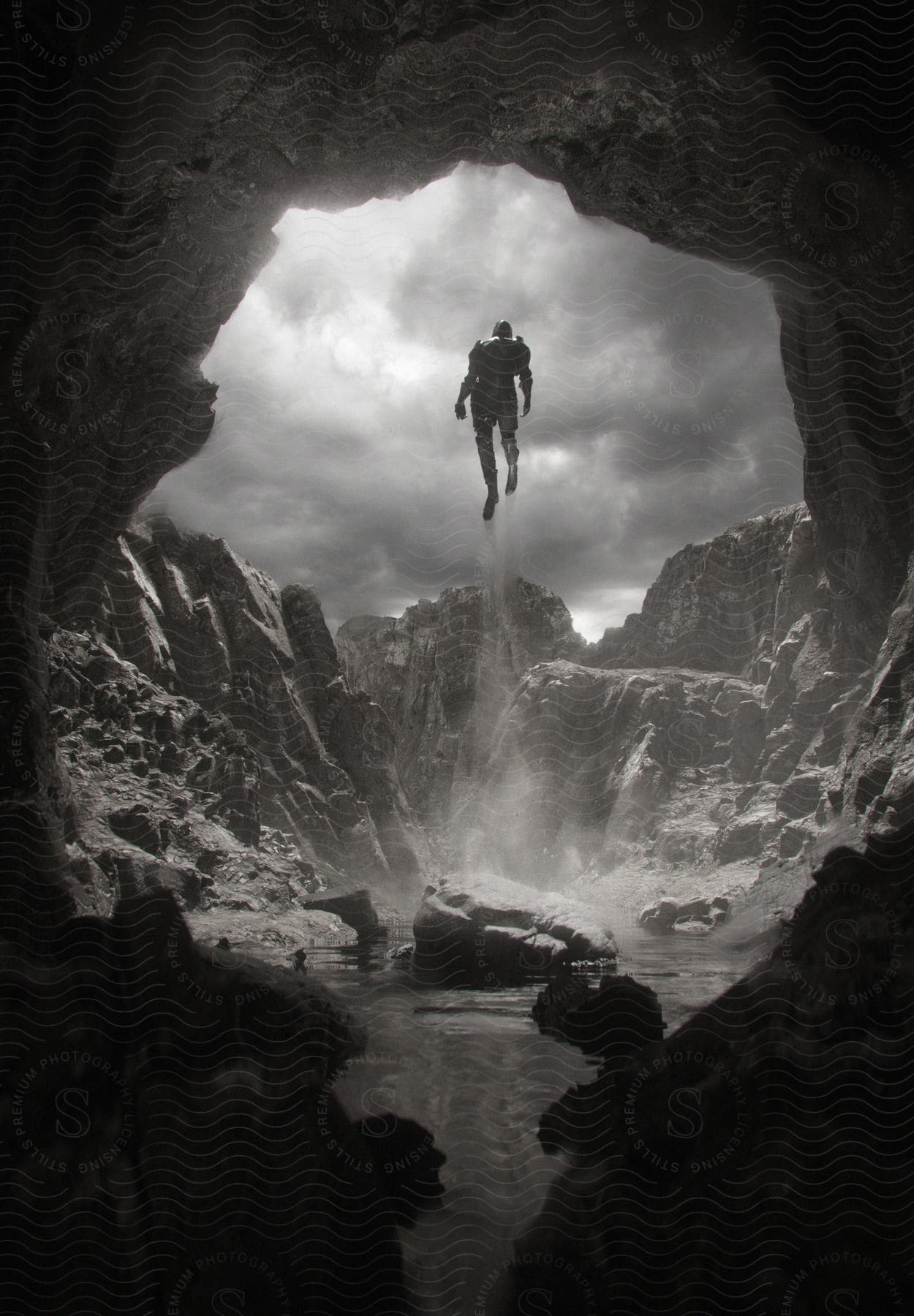 An armored man flying out of a rocky cave