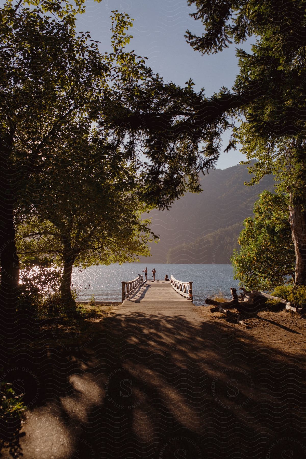 People on a pier overlooking water with forested mountains in the distance