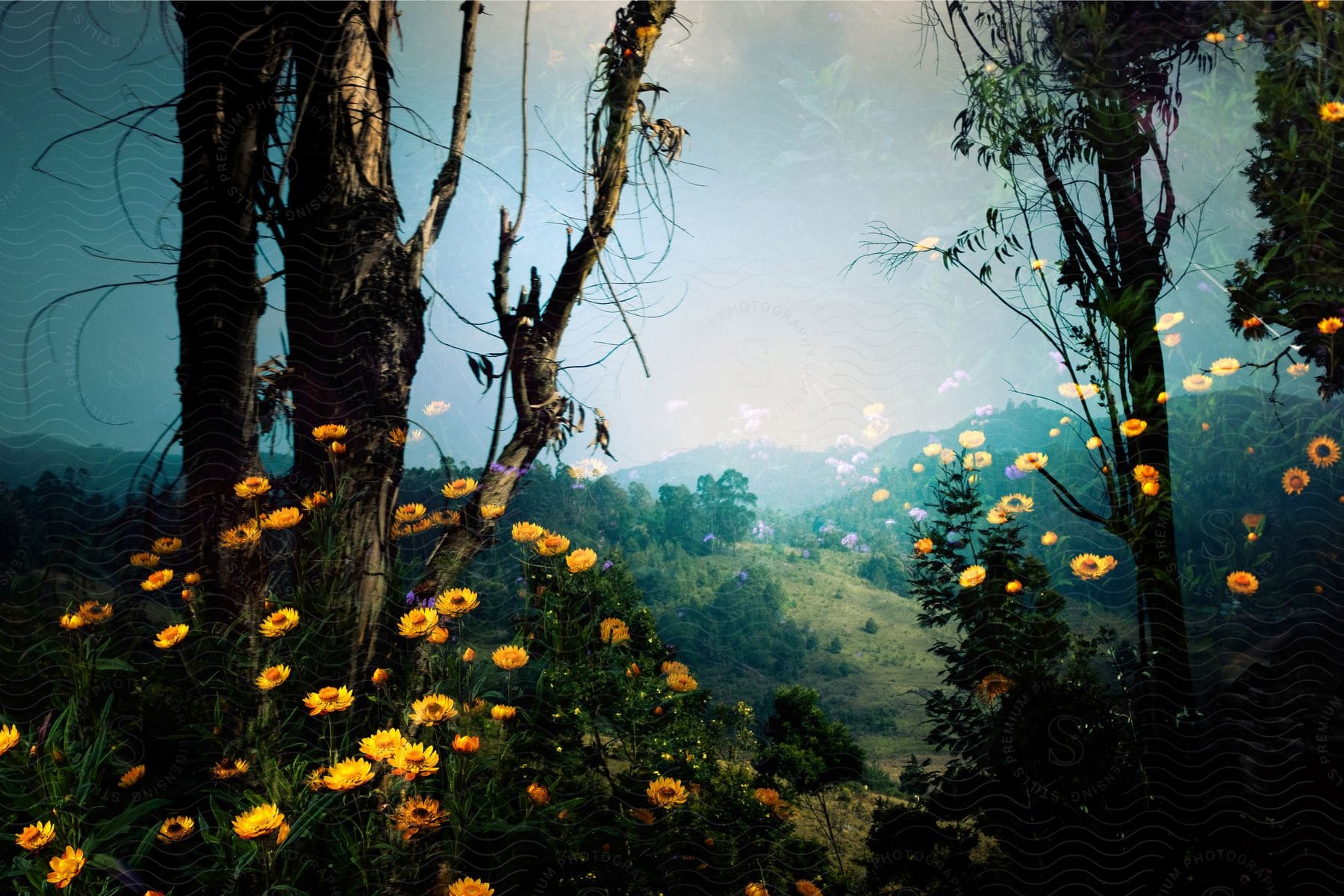 A flowerlined forest leading toward distant hills in the day