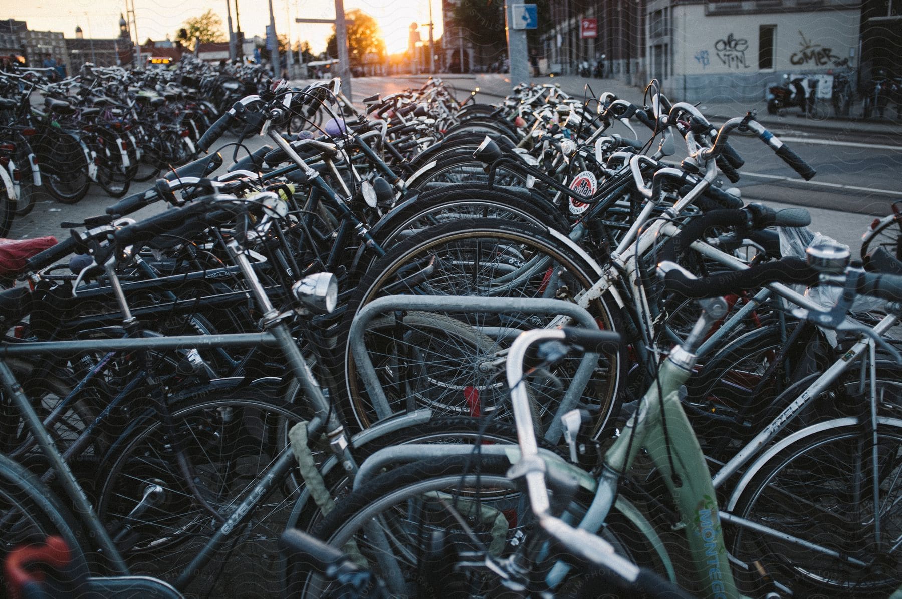 A bike rack filled with bicycles in the netherlands
