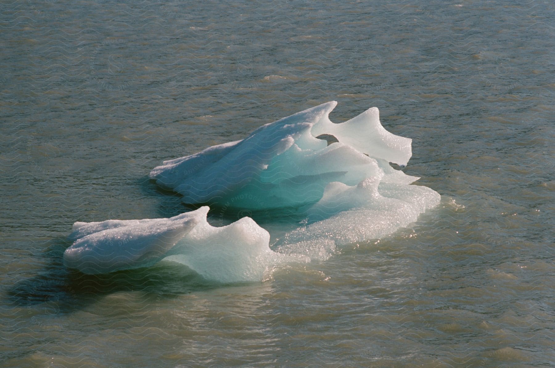 A small melting iceberg floating in calm waters near a shoreline