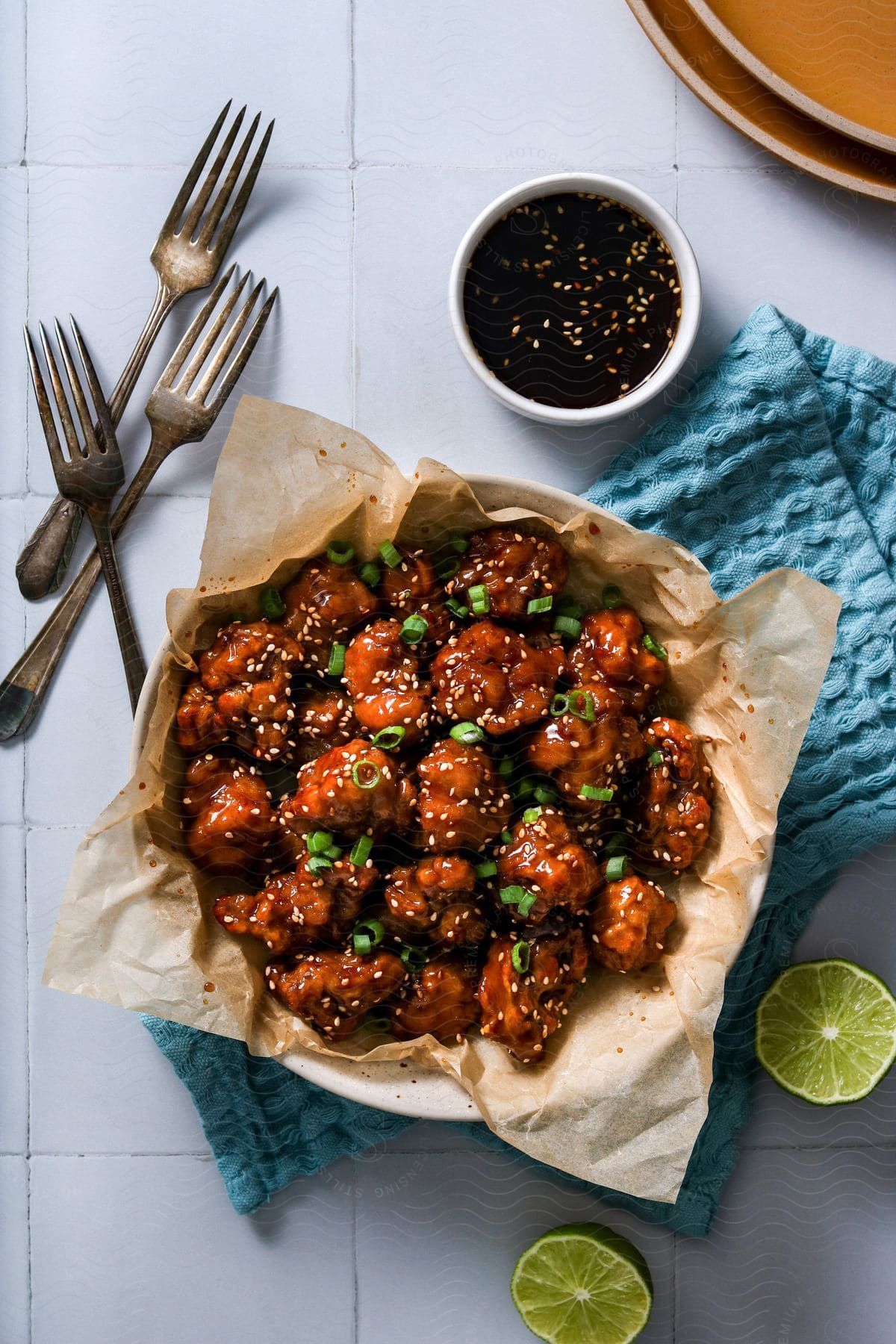 Chicken bites with seasoning in a bowl accompanied by three forks and a halved lime