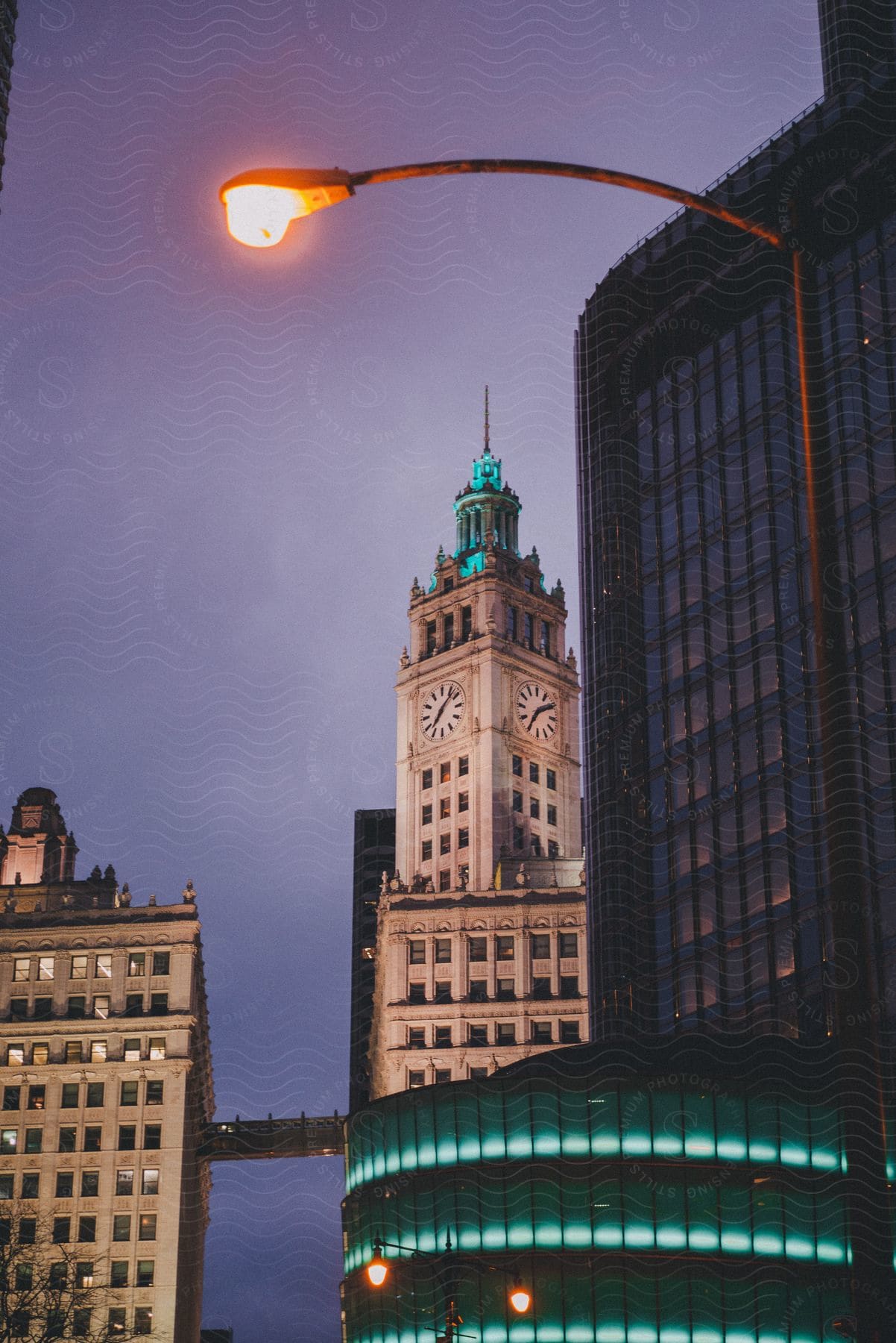 Exterior of the spaceshiplike oct creative exhibition center in chicago at dusk or dawn