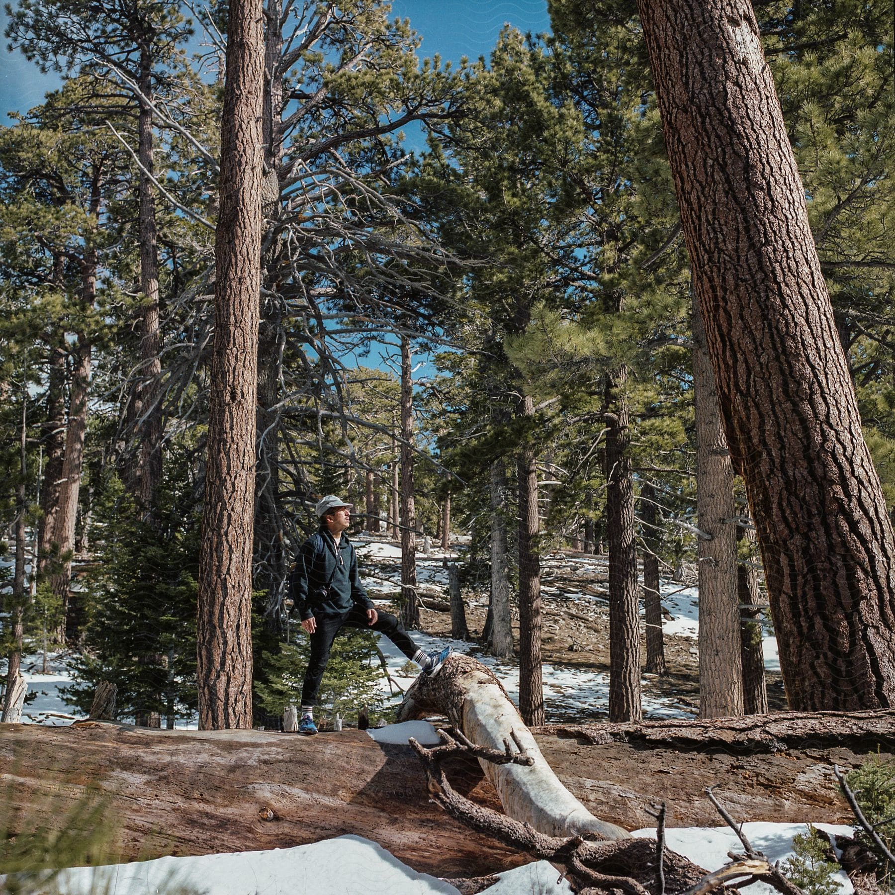 A man stands alone in a natural landscape with a backpack