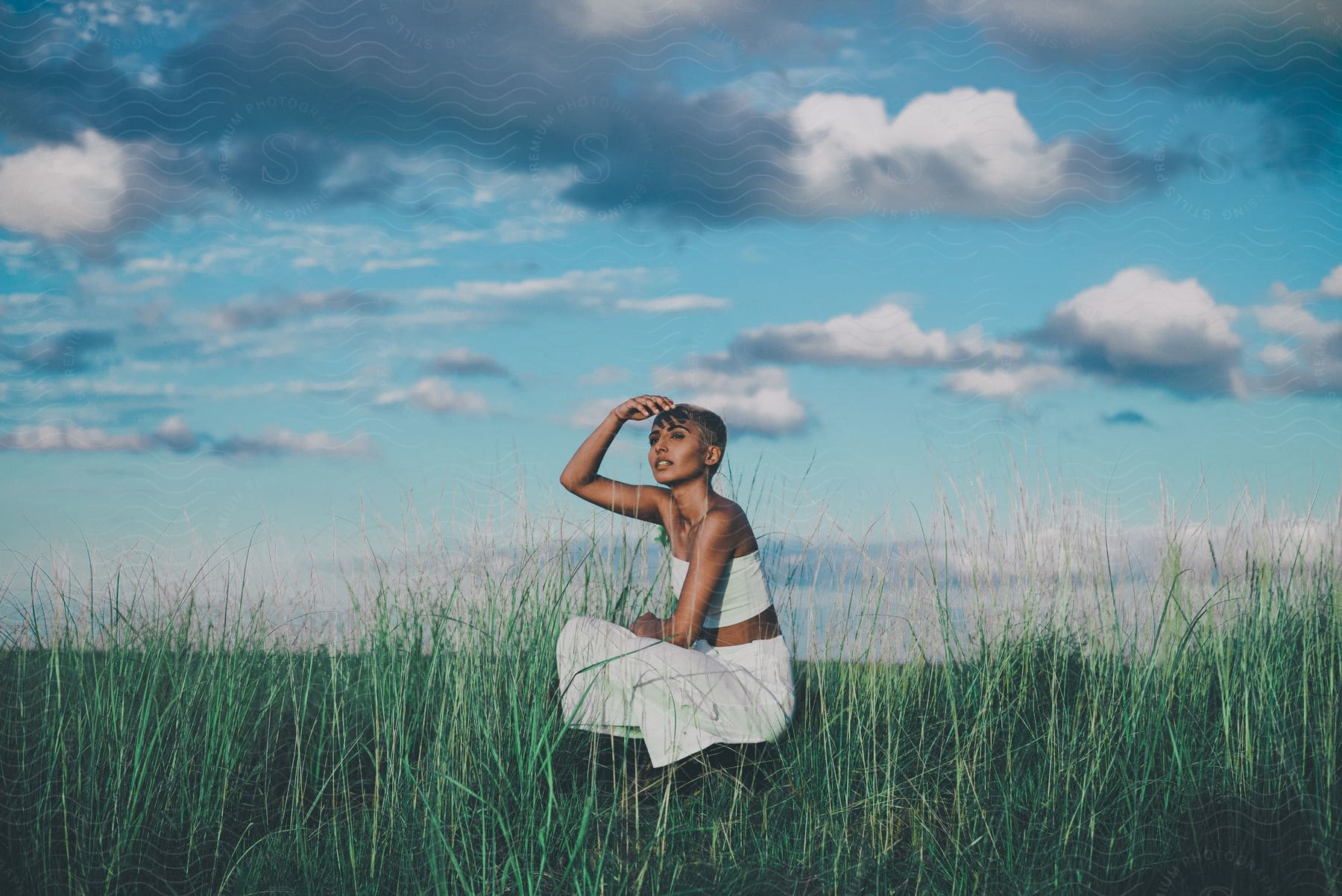 Stock photo of woman crouched down on grassland wearing white top and pants