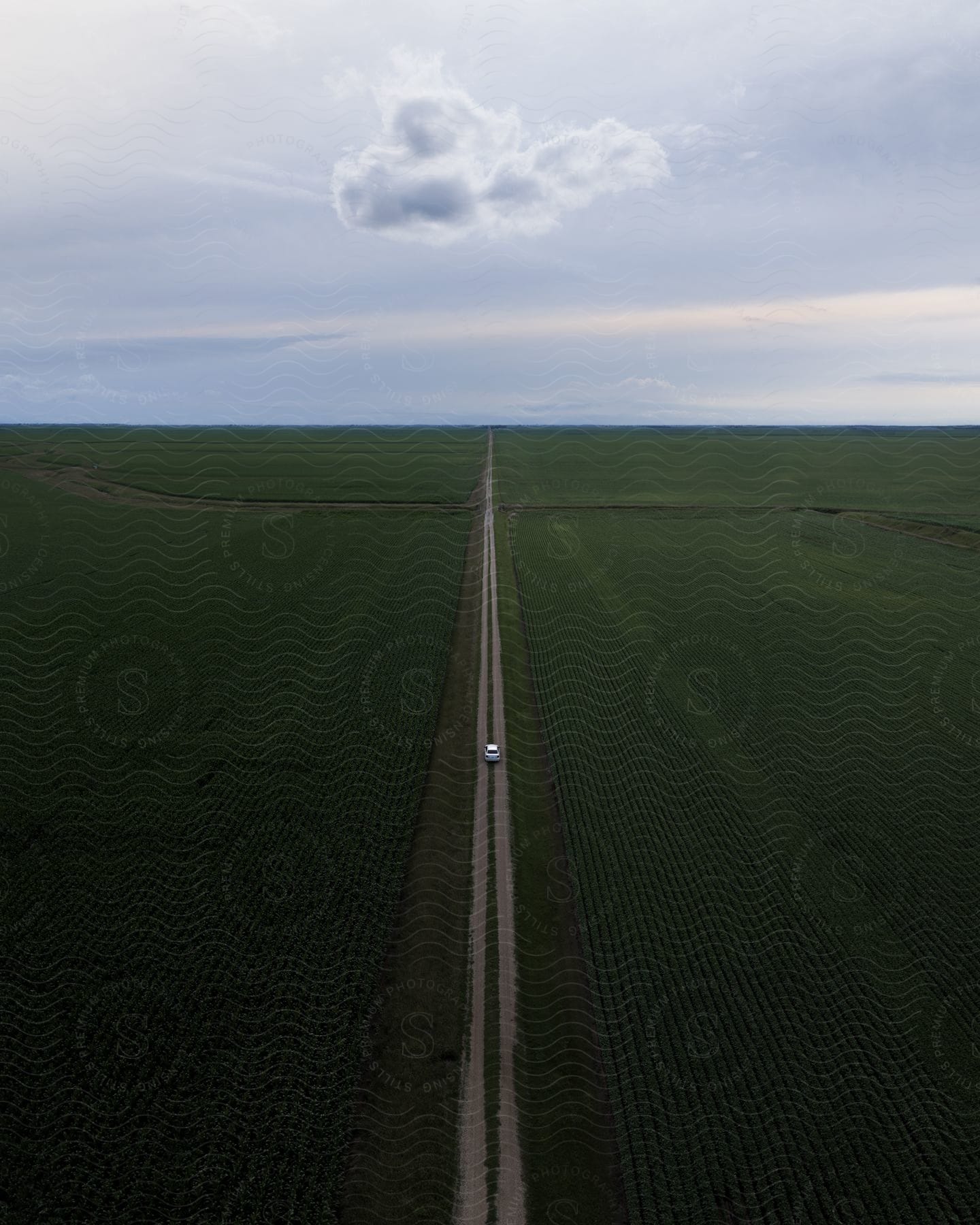 A white automobile travels on an open road through farmland