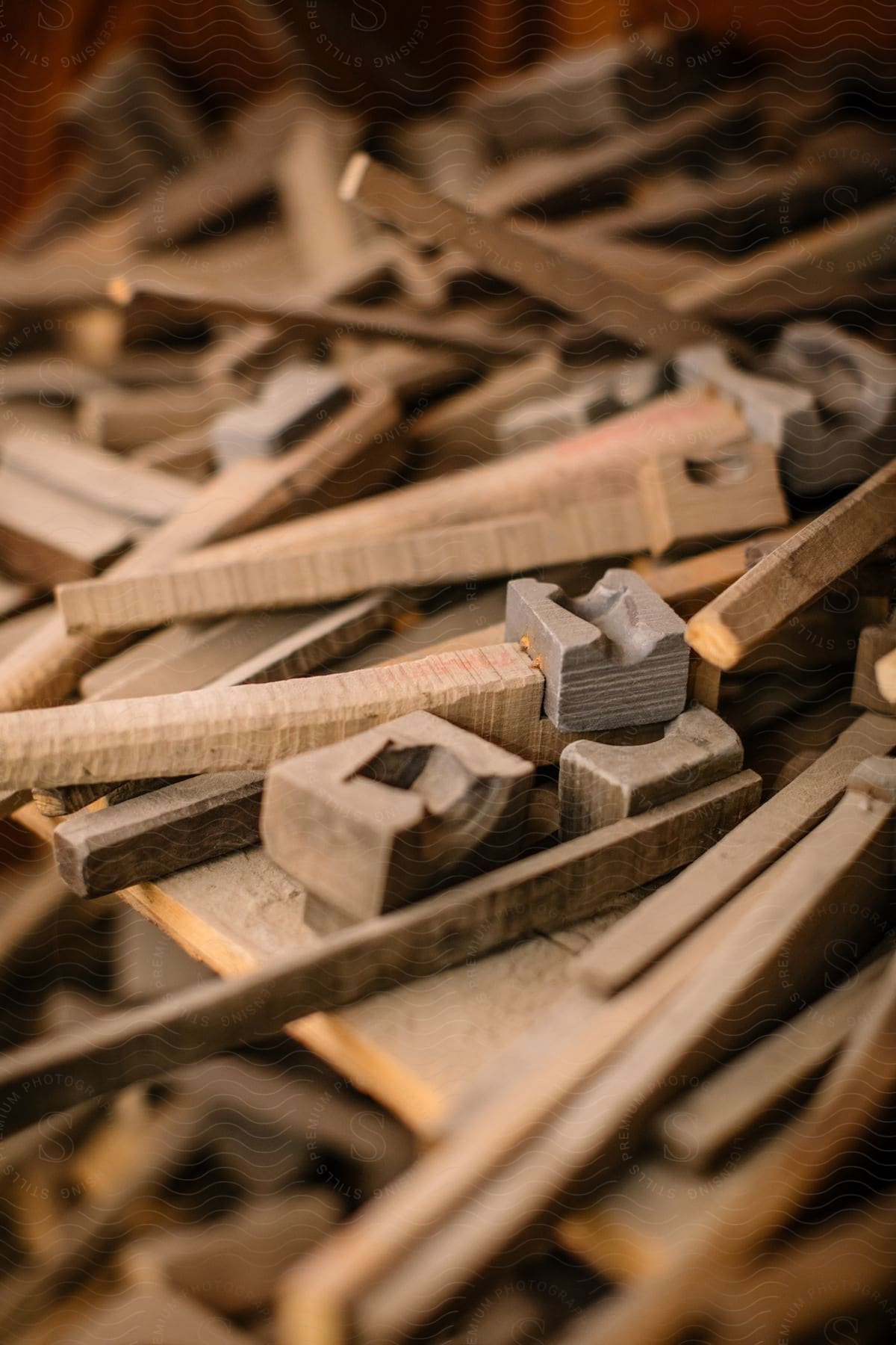 Unfinished wooden tools scattered on a bench in an interior setting