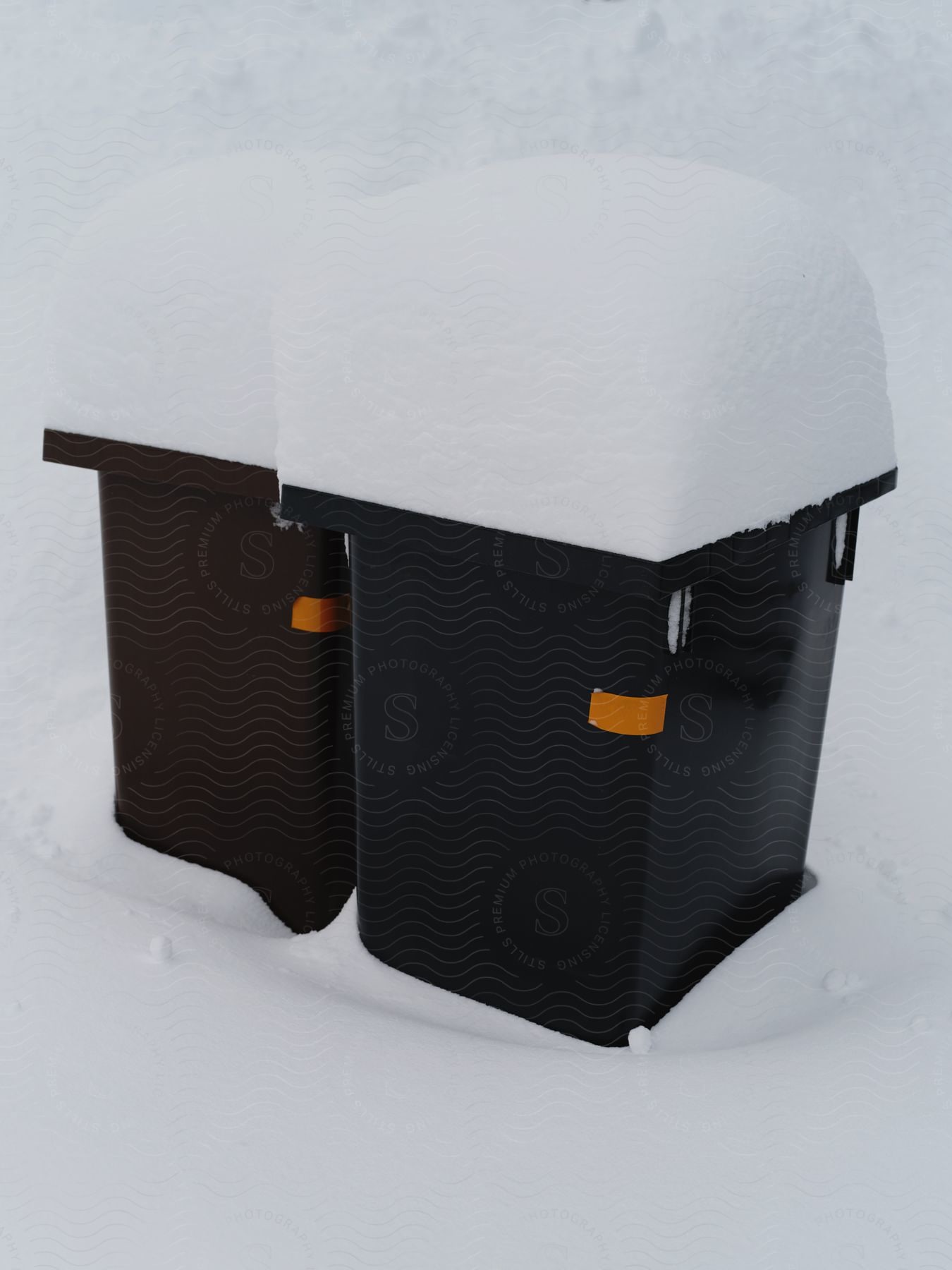 Snow stacked on top of two barrels in a winter outdoor view