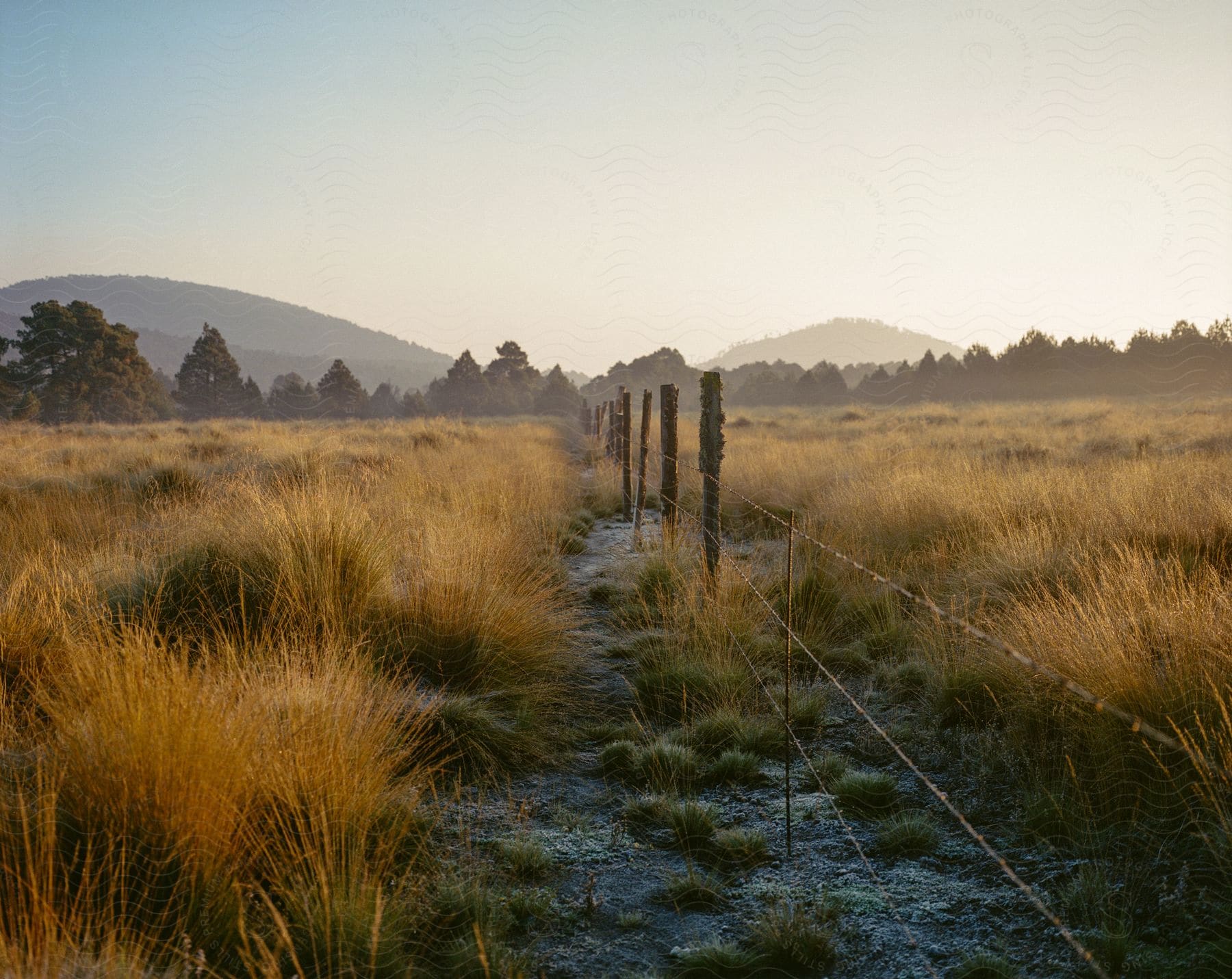 Fence posts run through wet ground between fields with misty mountains in the background