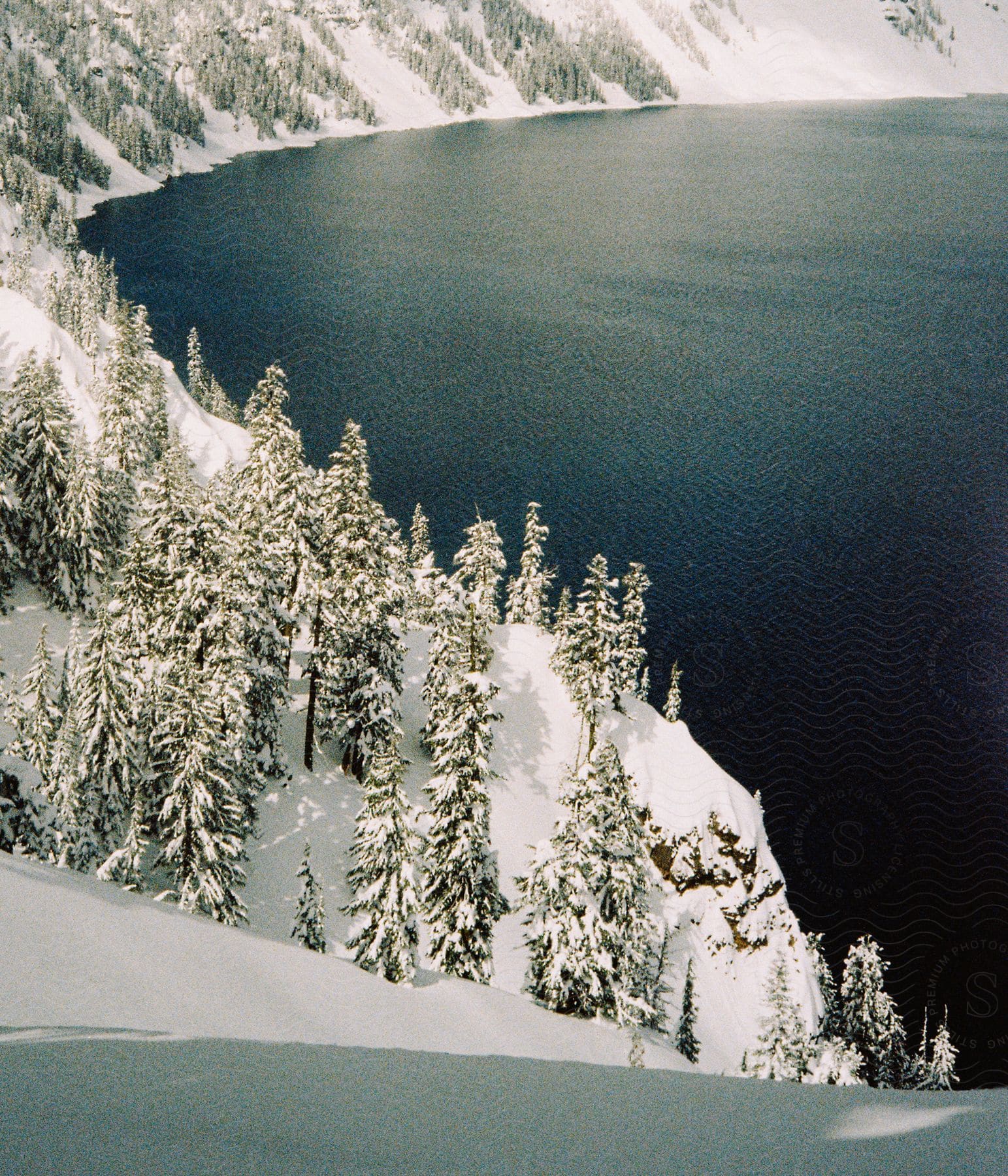 Snowy mountain forest and lake in oregon