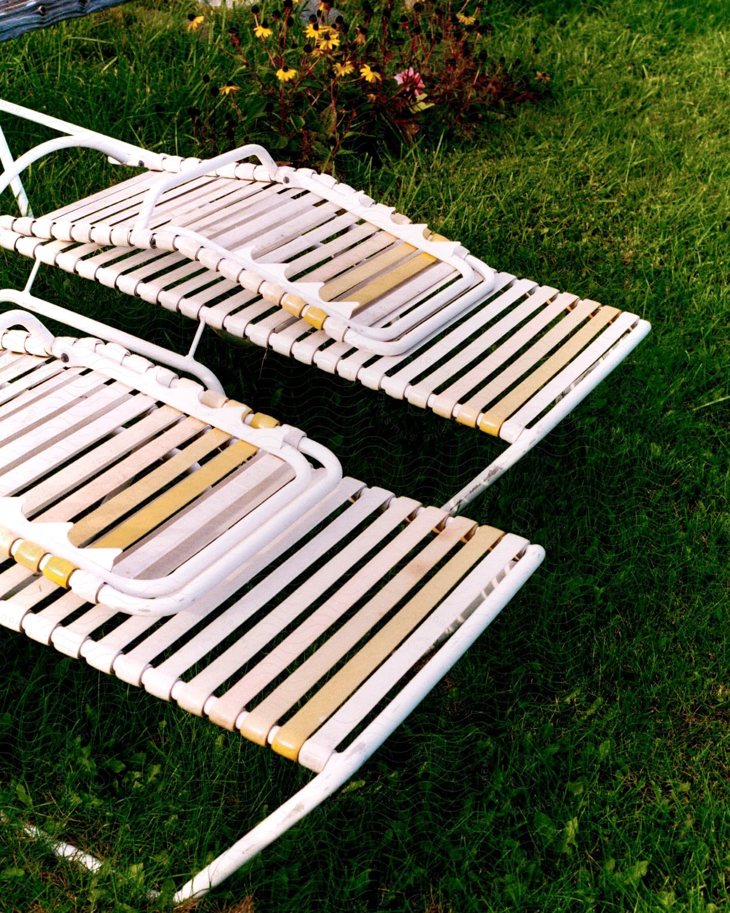 A garden with a garden chair and sunflowers by the side