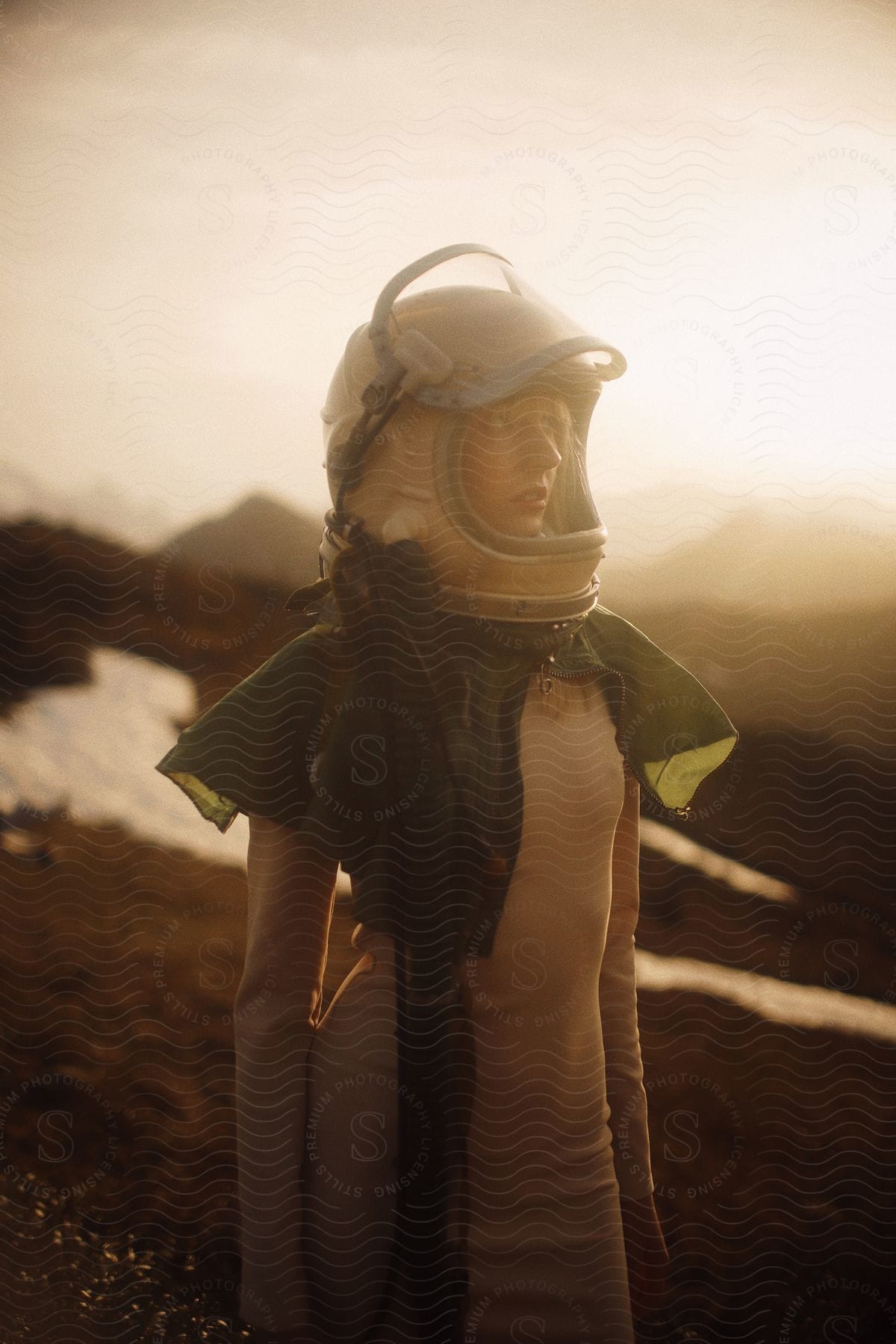 Woman in space helmet and white dress stands in field with bright sun in background