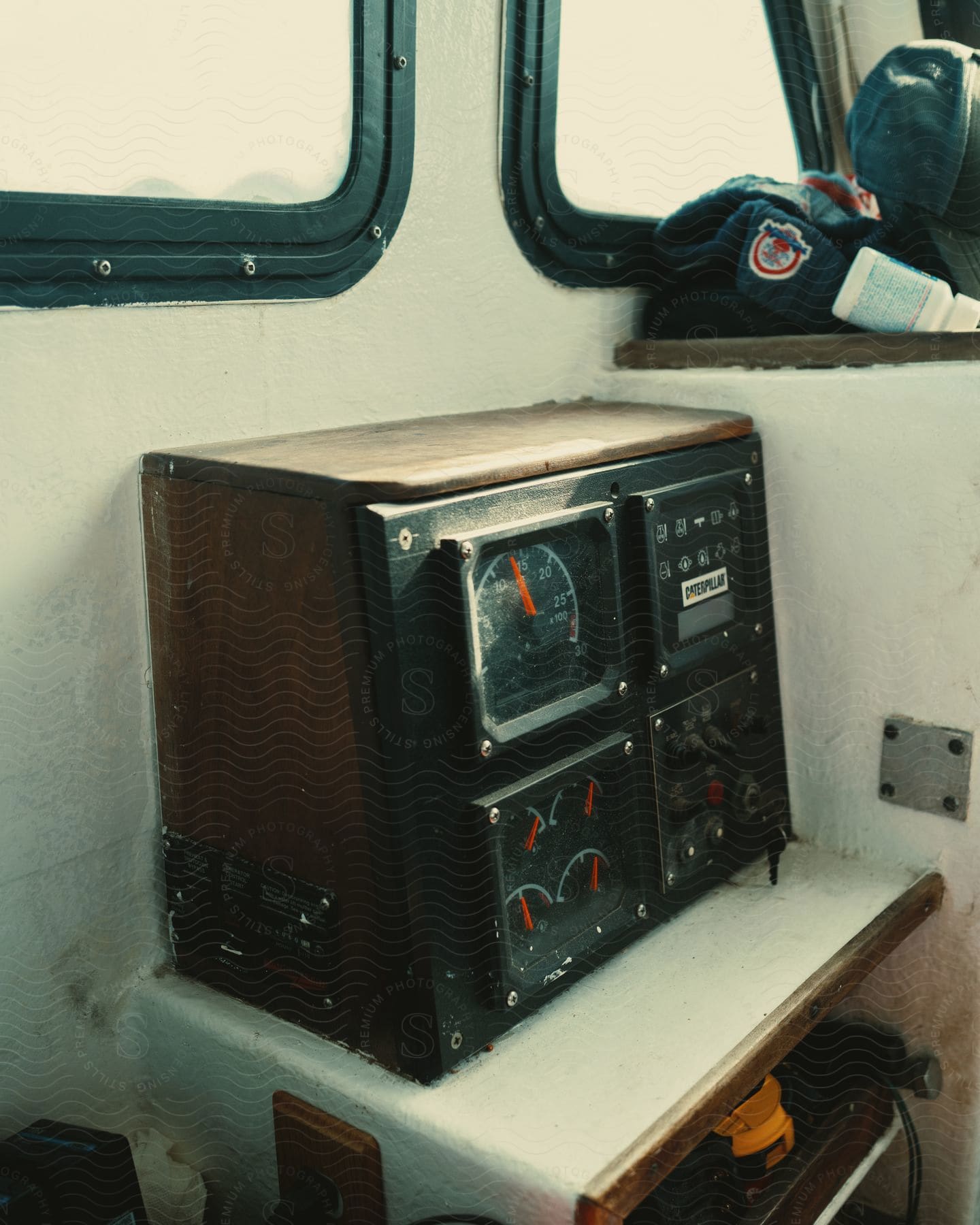 Stock photo of a closeup inside a boat of an old communication radio