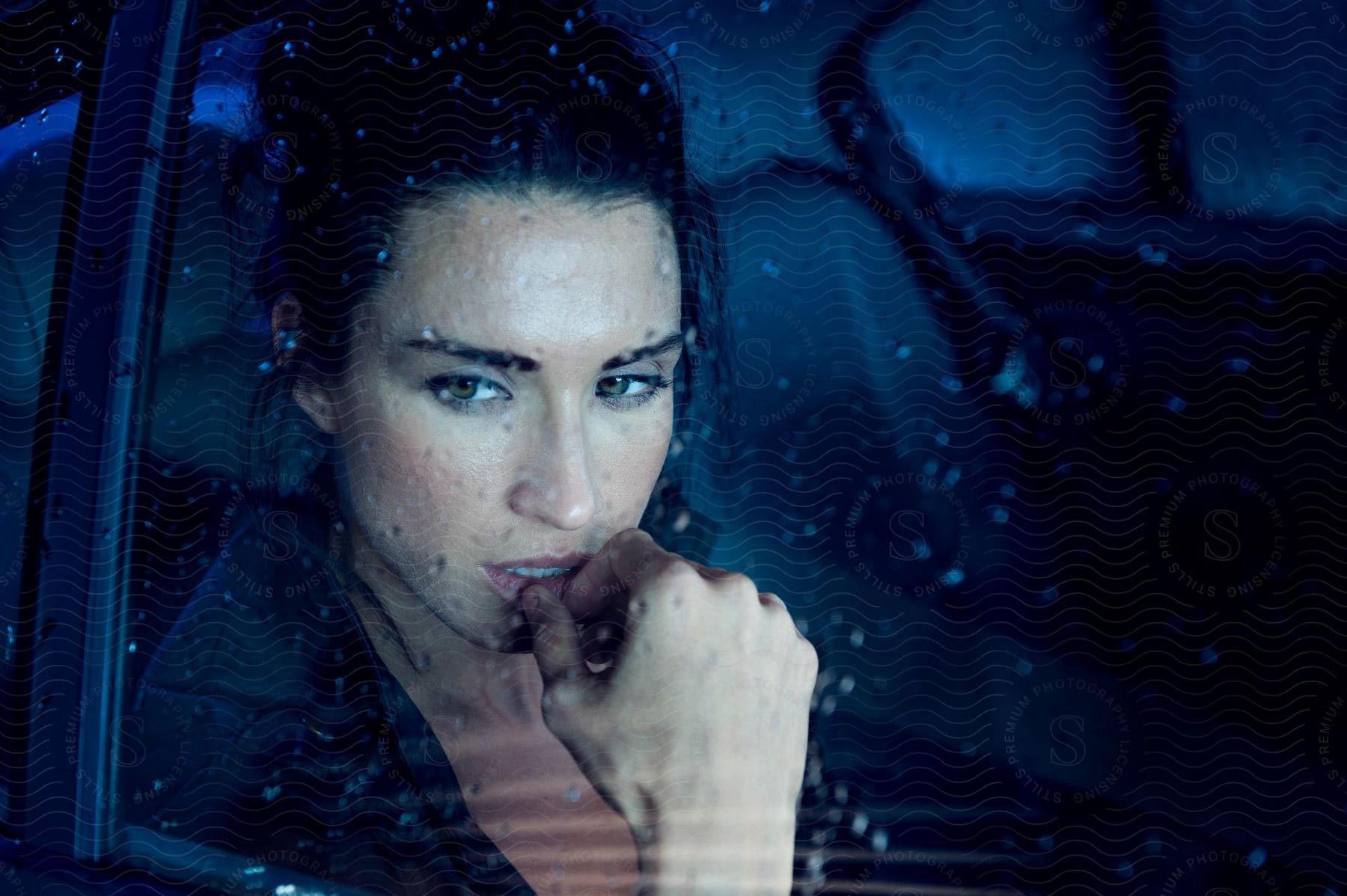 A woman in a blazer jacket sitting in a car looking out of the window while its raining