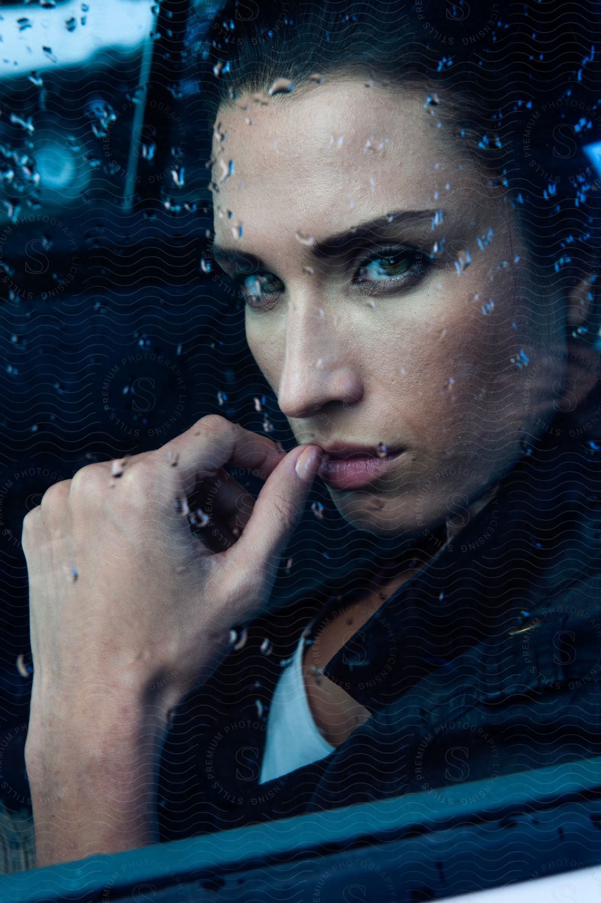 Middleaged woman in car looking through raincovered window contemplating