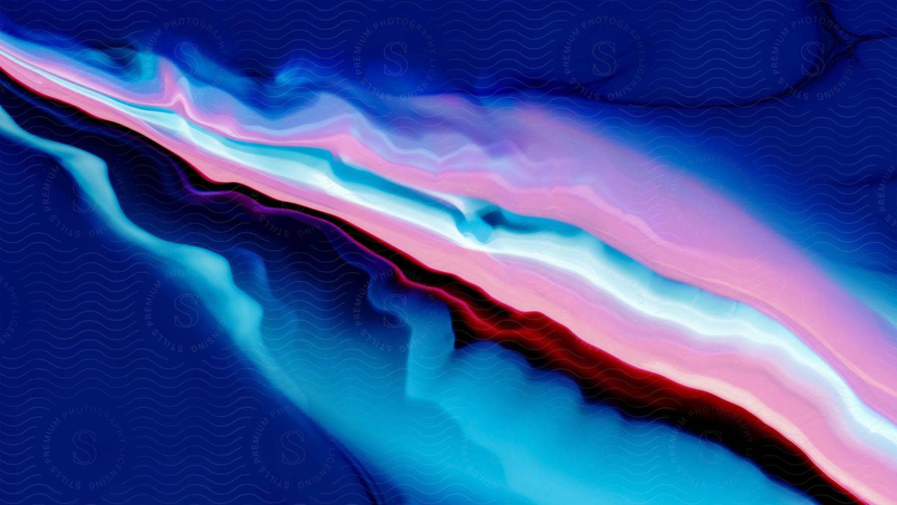 A multicolored abstract fluid art image with neon colors and glowing highlights on a blue background