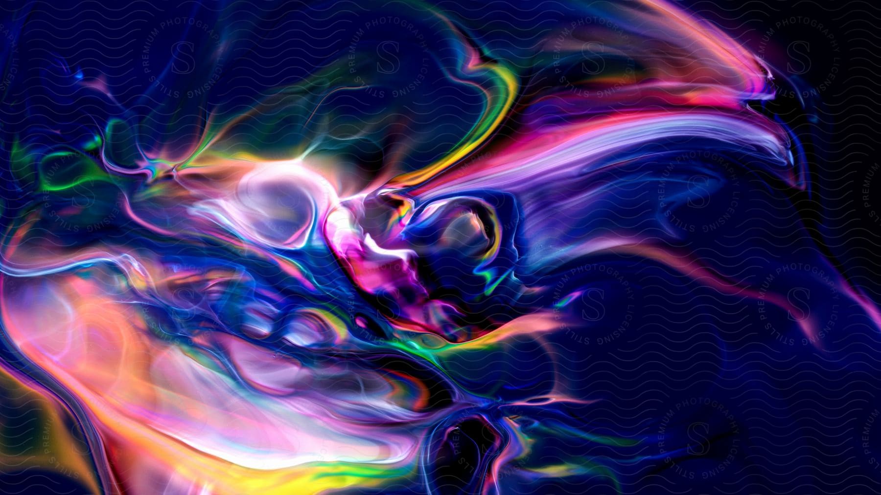 Bright neon wisps of multicolored fluid art glow and stretch across the darkness