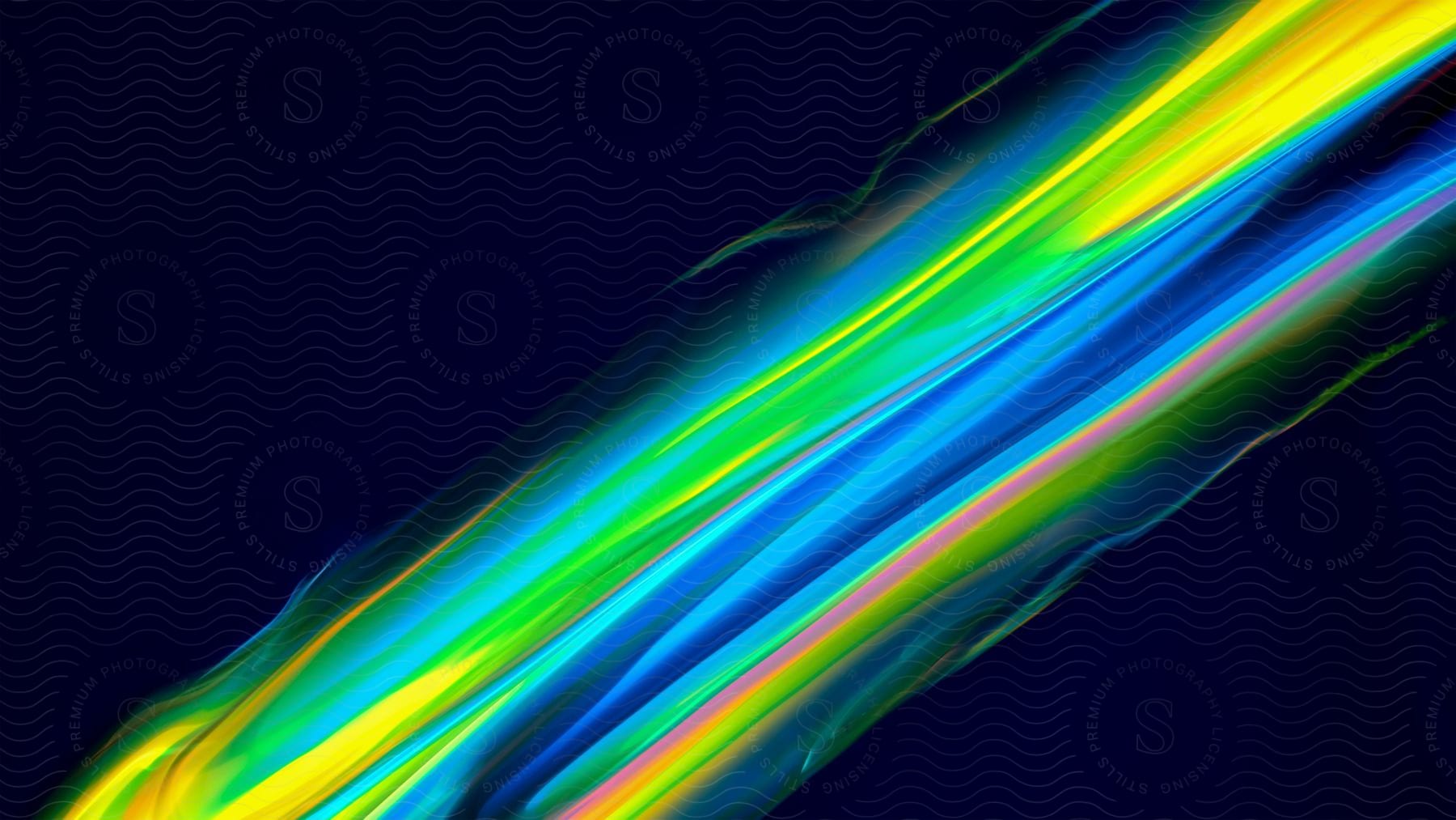 Fluorescent yellow green blue and pink color bands on a black background in an abstract multicolored fluid art image with neon colors and a highlight glow