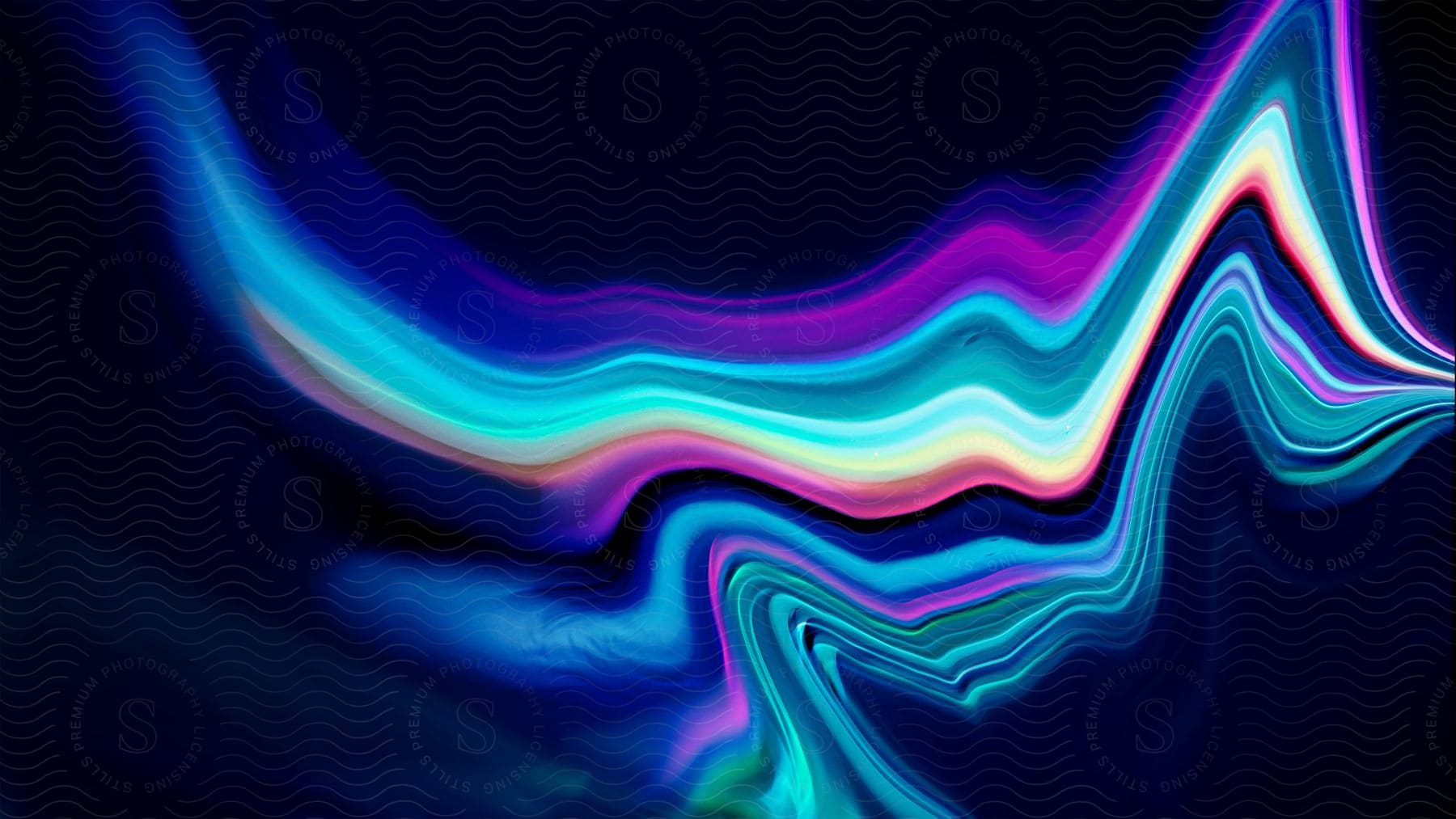 A fluid art image with neon colors and glowing highlights featuring a mixture of different colors in the night