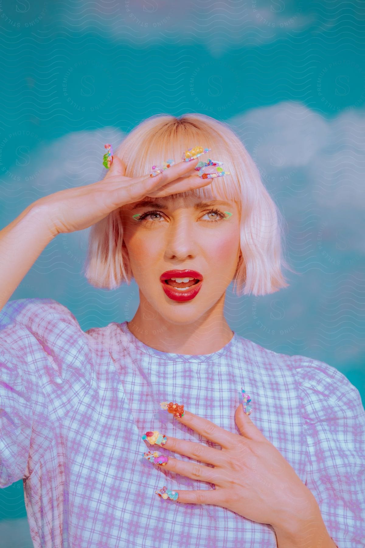 A lady with captivating makeup and colorful nails poses thoughtfully against a backdrop of clouds