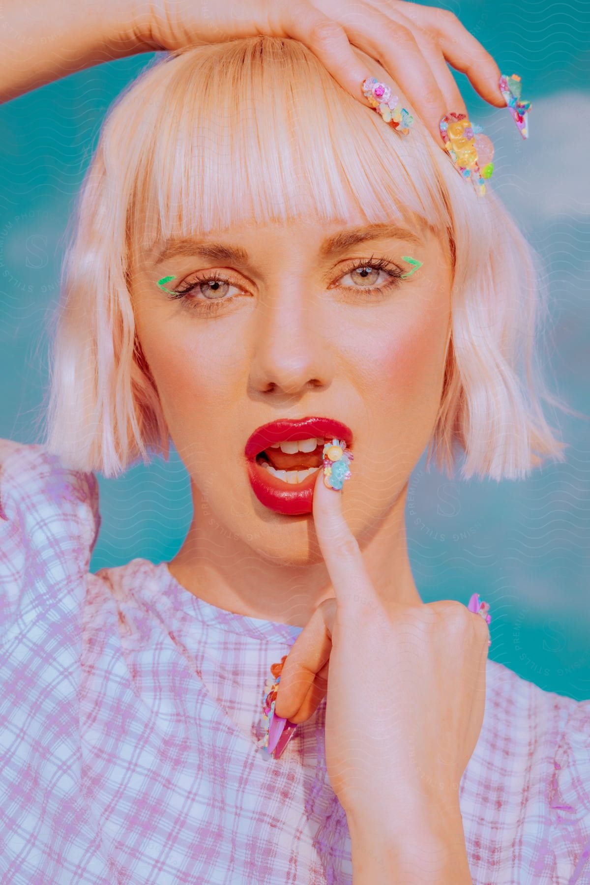 A woman modeling intricate nail art in bright colors