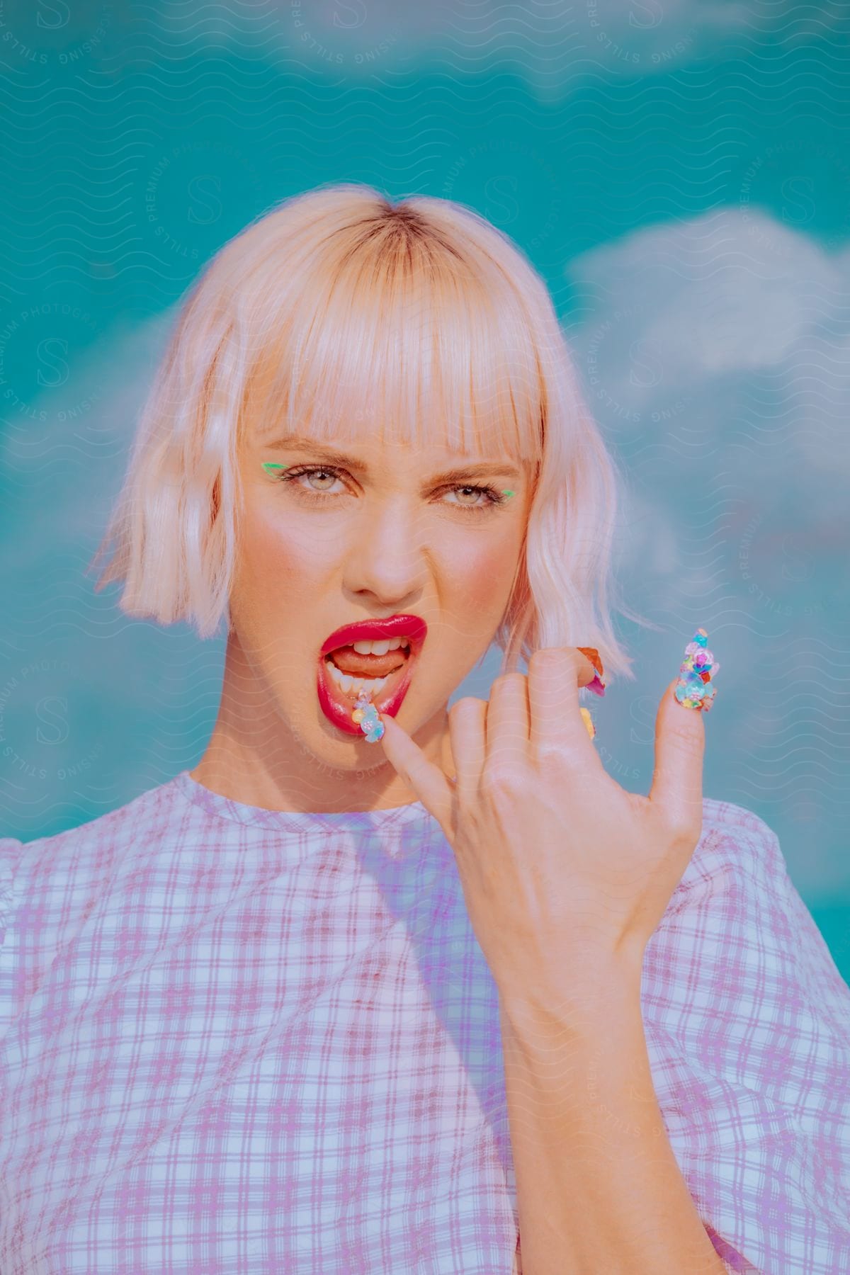 A woman with long colorful nails and red lips poses against a cloudy sky backdrop