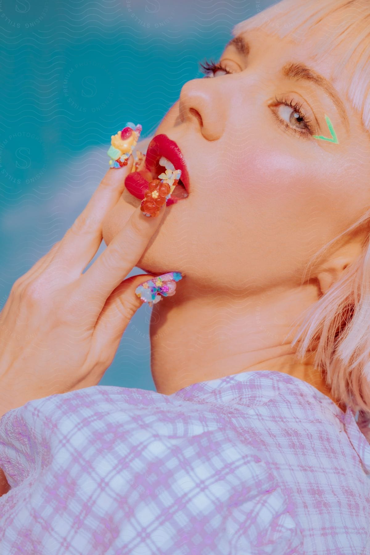 A woman with intricate flower nails looking seductively at the camera