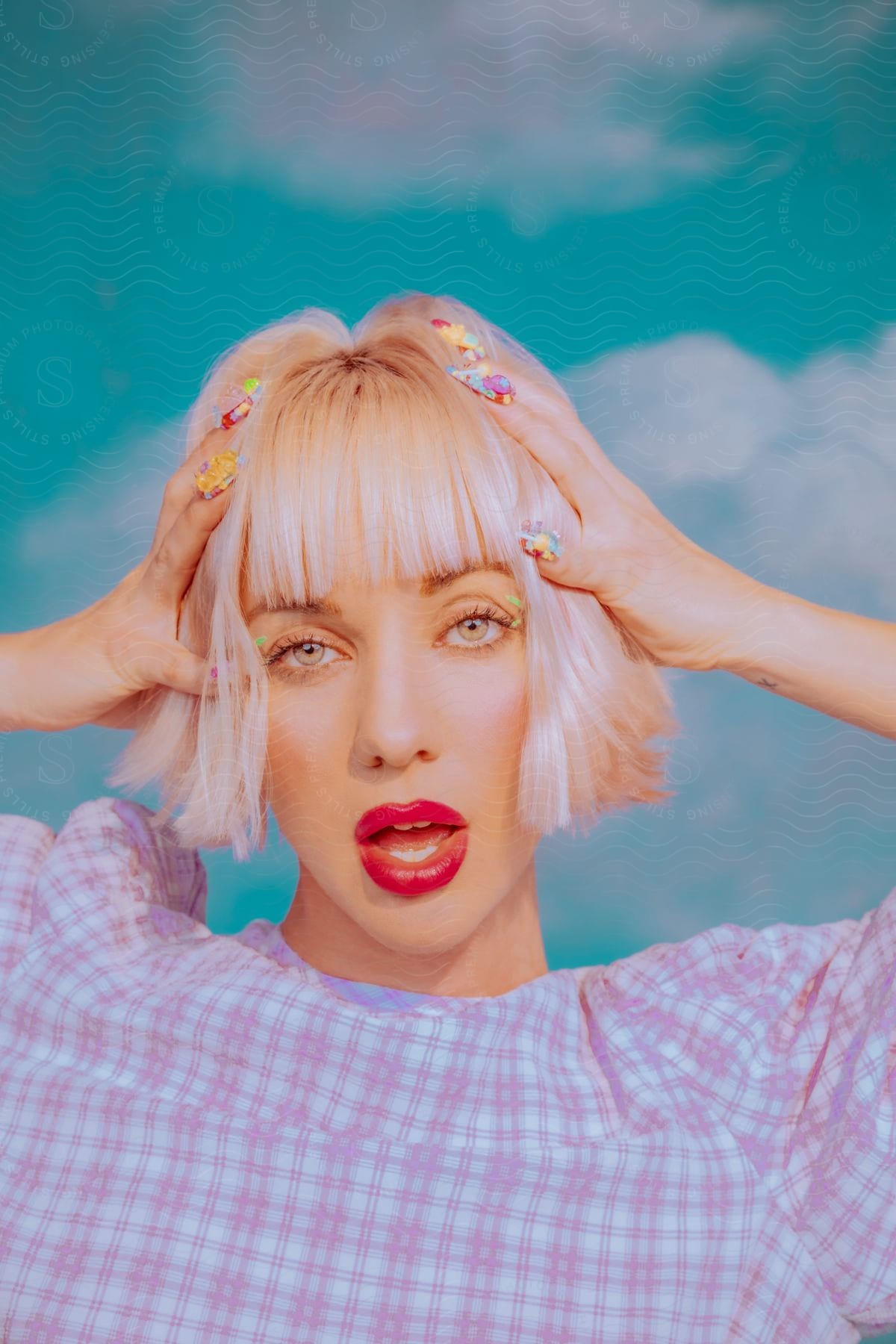 A woman posing with hands on head and mouth open