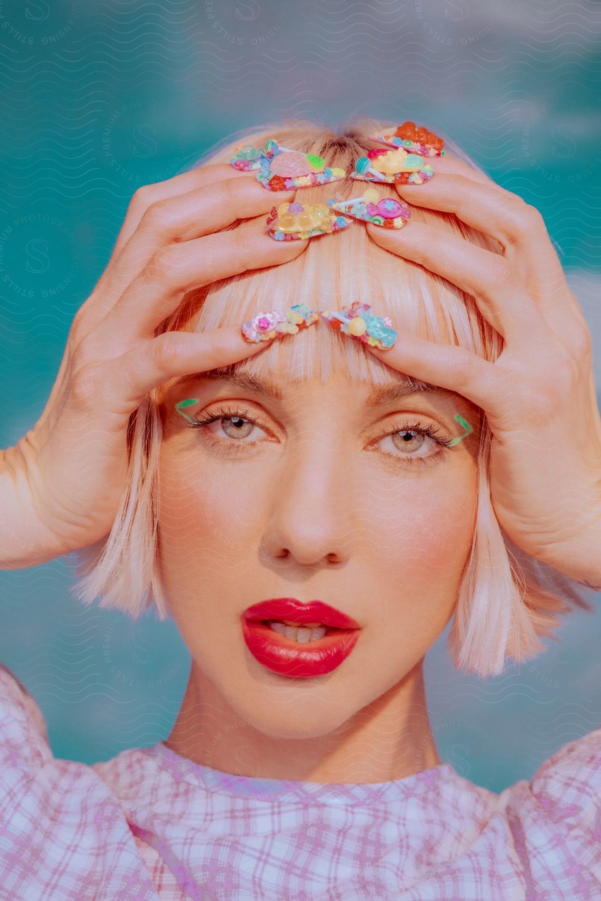 A woman with colorful nails poses for a photo by placing her hands on her head