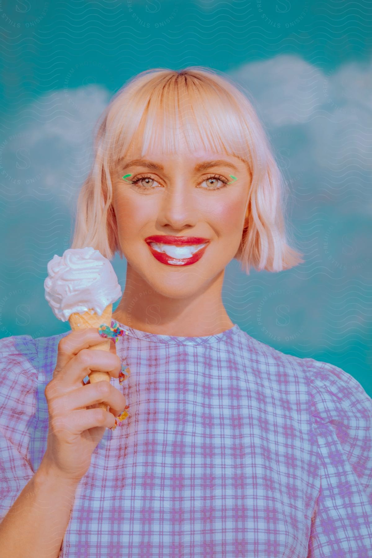 Blonde woman smiling with ice cream cone in hand