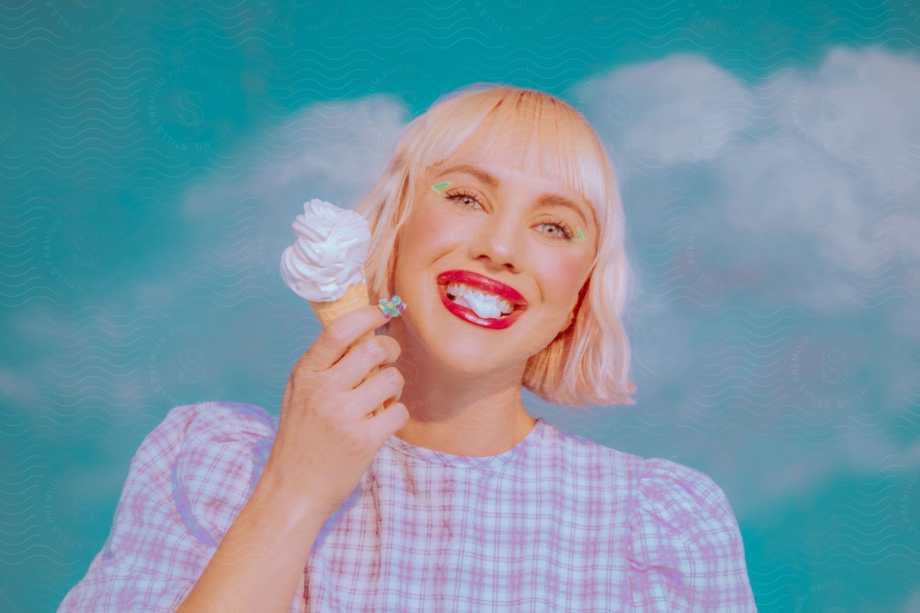 Blonde Woman Happily Biting Into An Ice Cream Cone