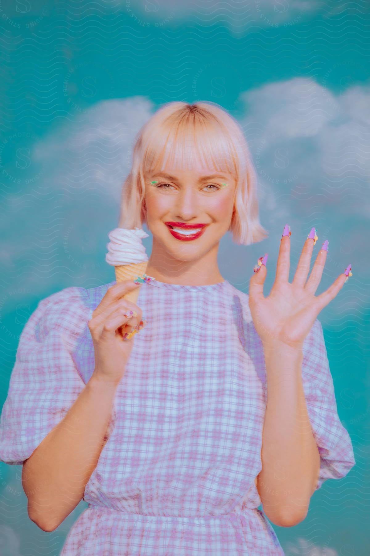 A woman in a plaid dress shows off her colored nails and ice cream cone while standing behind a cloudpatterned background