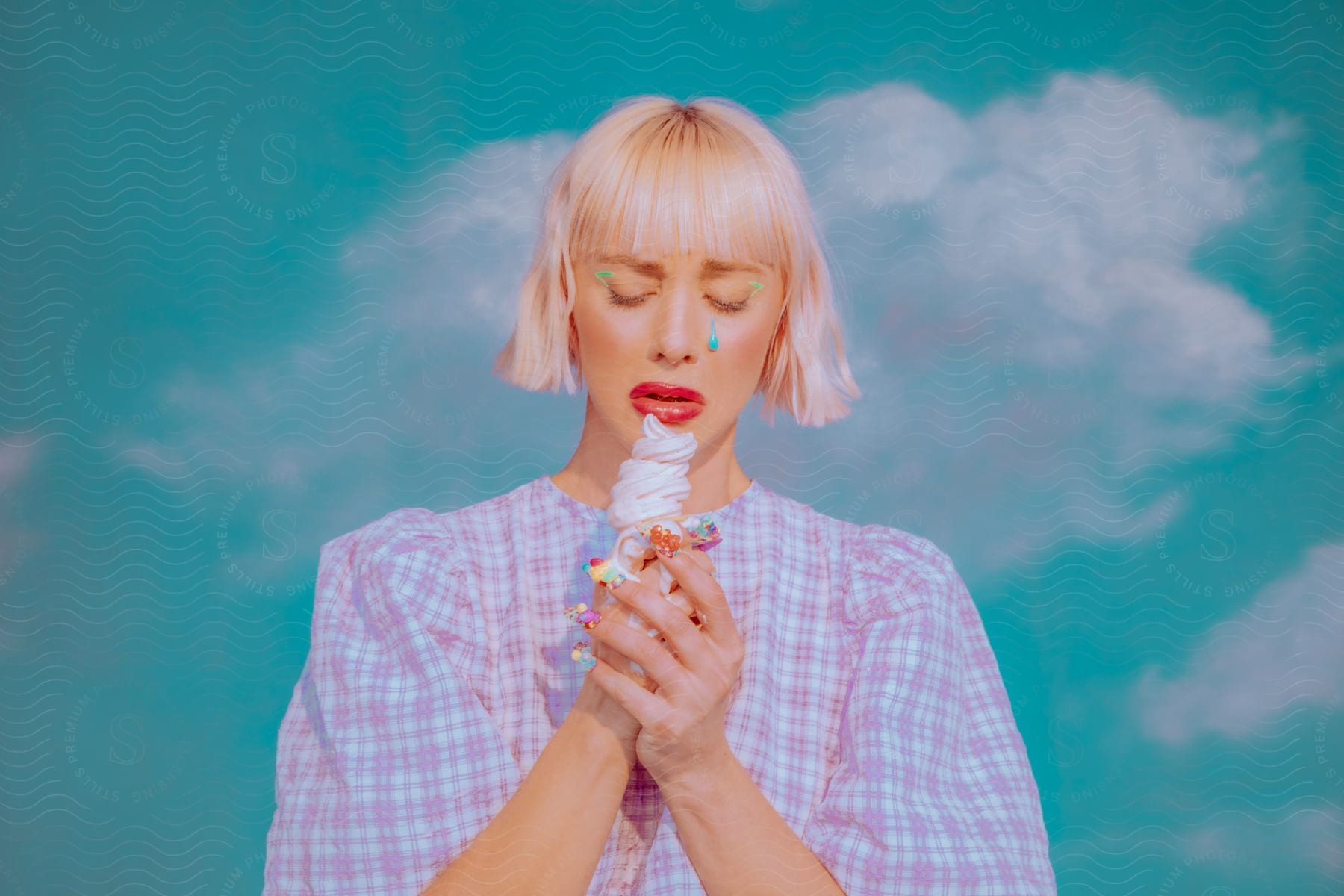 A woman wearing a plaid dress and painted nails holds an ice cream cone with a sad expression