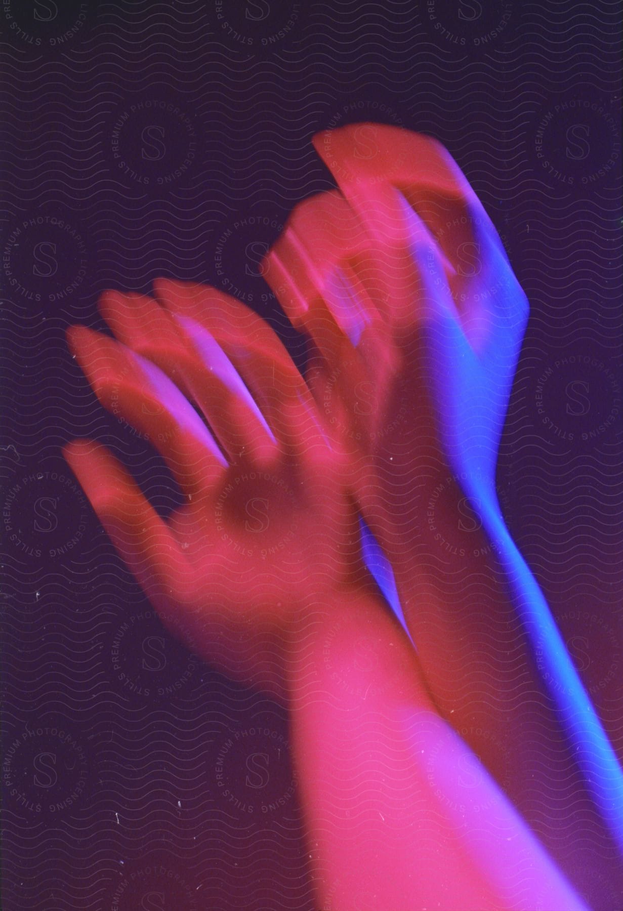 Close up of dancers hands in color contrast lighting showcasing a females arm and finger gestures