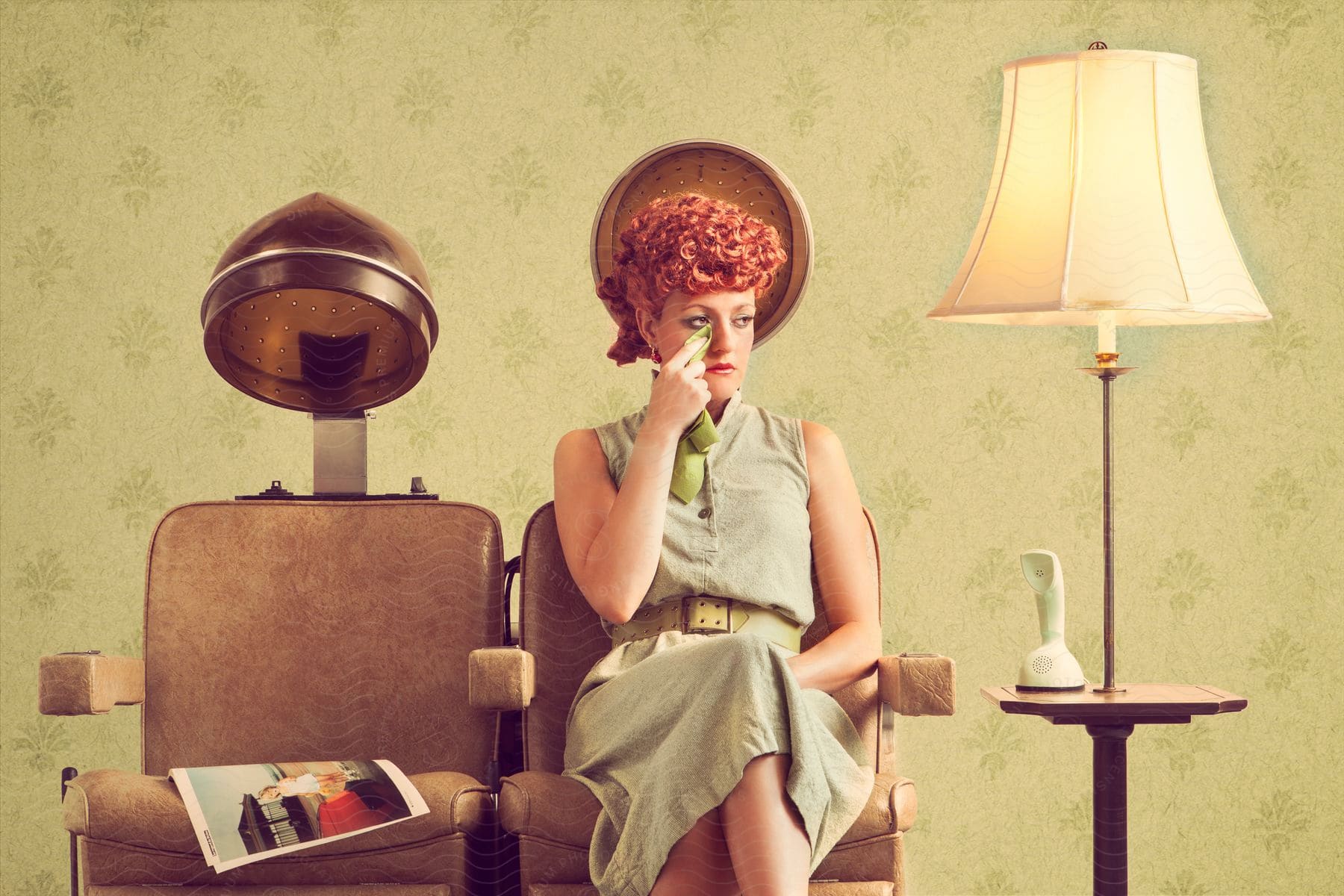 A woman is sitting in a chair with a hair dryer next to a lamp in a hair salon as she wipes her eye with a handkerchief