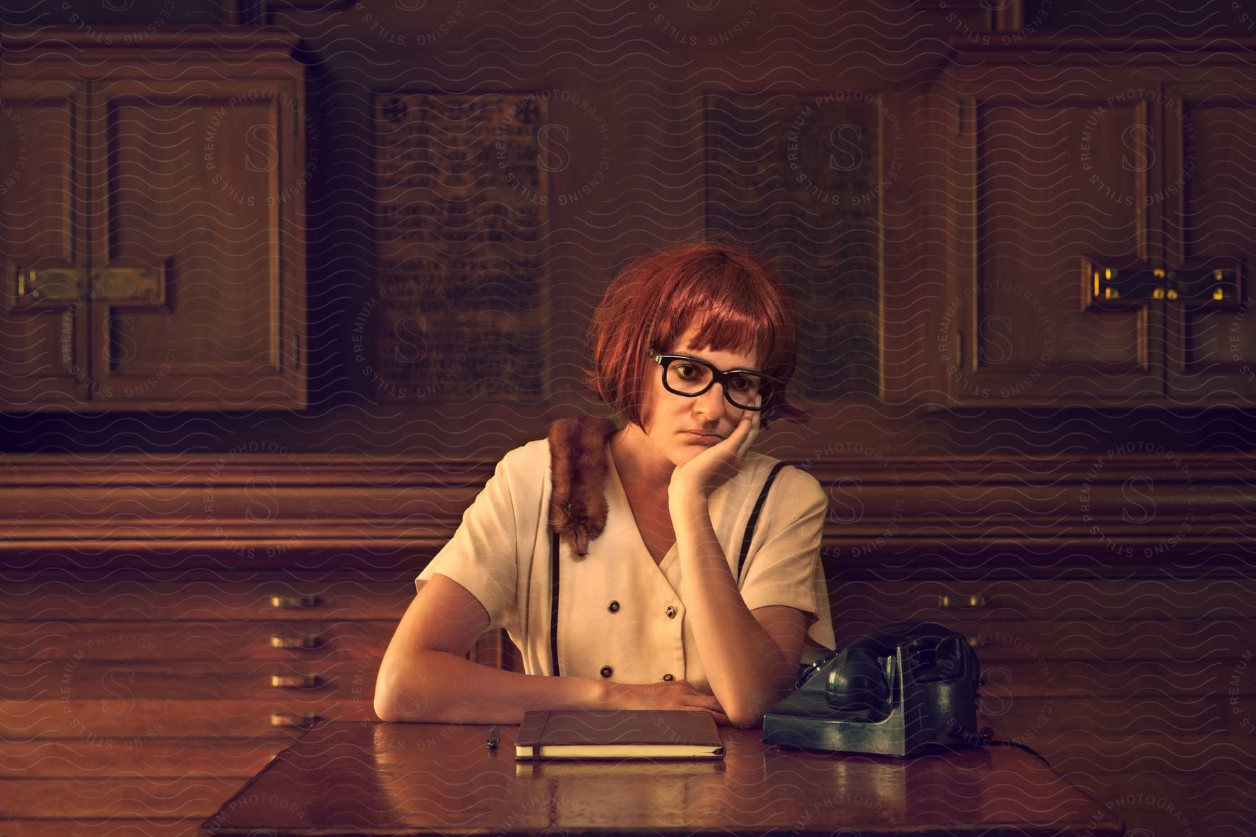 A woman wearing glasses sits at a table with a telephone on it while she looks exceptionally bored.