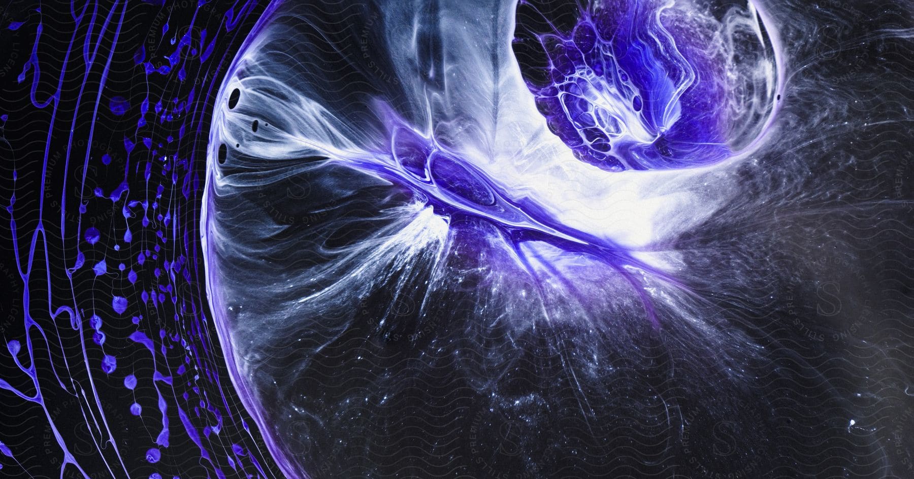 An abstract of purple and white wispy swirls with purple liquid drops.