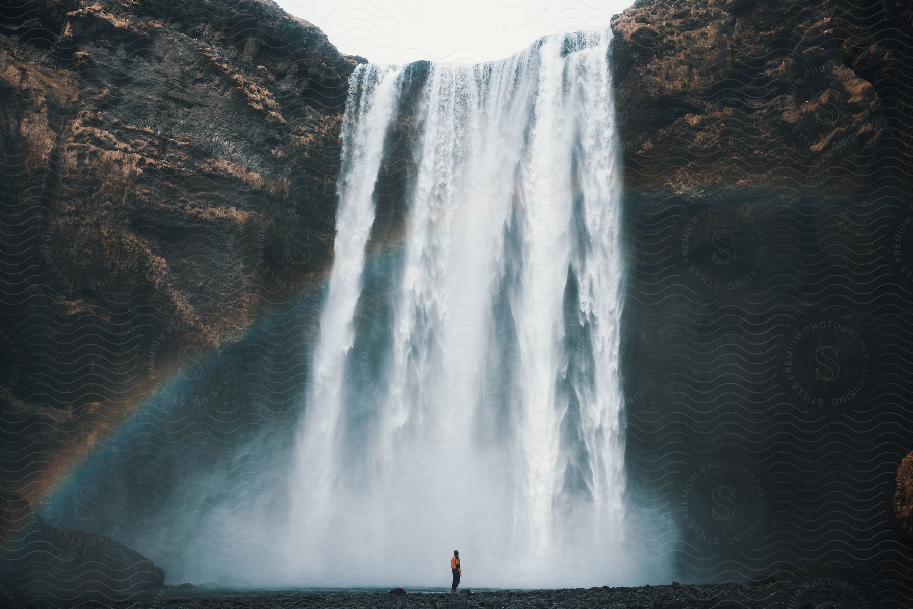 A man standing in front of a flowing waterfall over a cliff in iceland