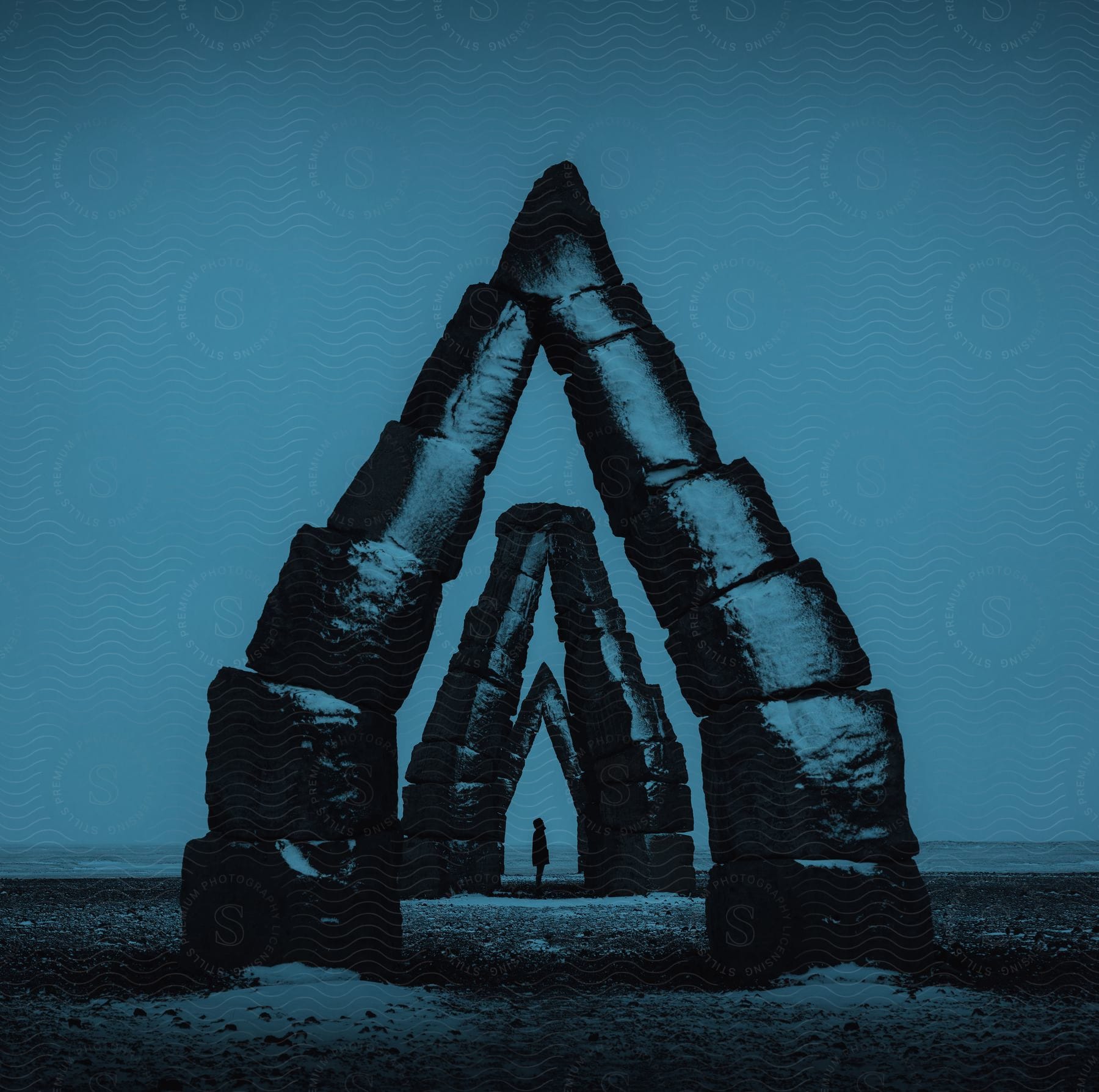 A person standing on the beach with the arctic henge in iceland