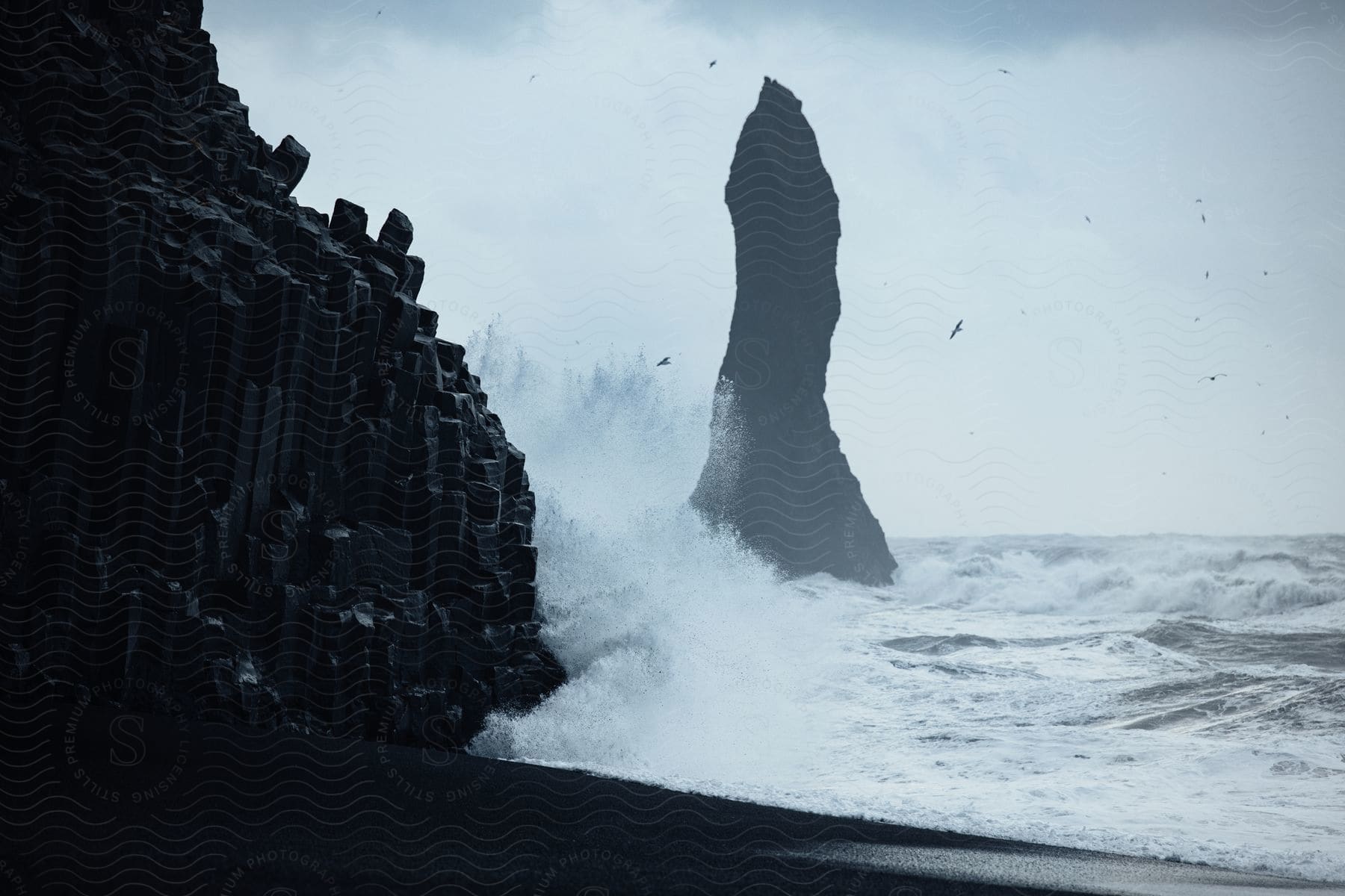 Waves crash against rock formations along the coast as seagulls fly over the water