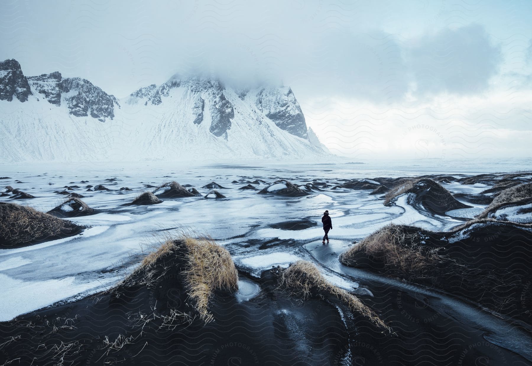 A person walking in the snowy highlands of iceland