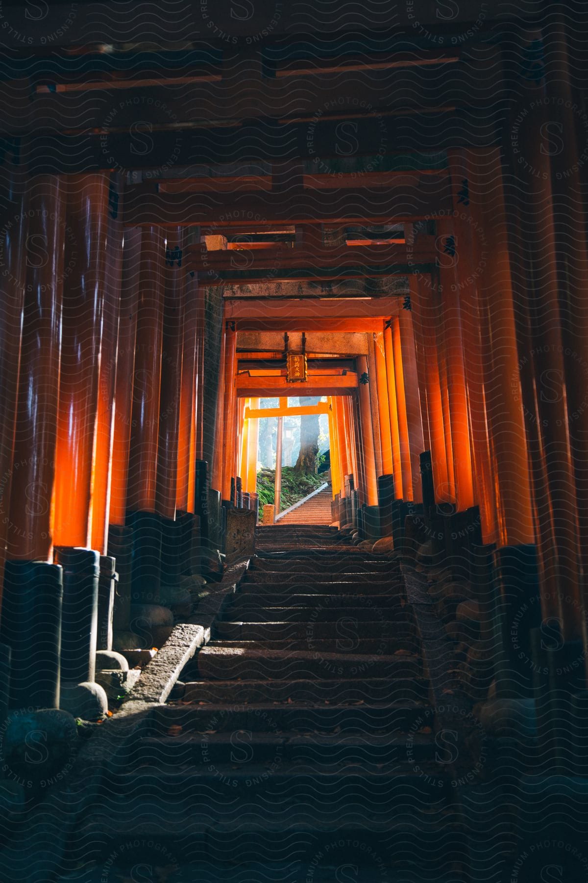 Torii path stairs at fushimi inaritaisha shrine in japan