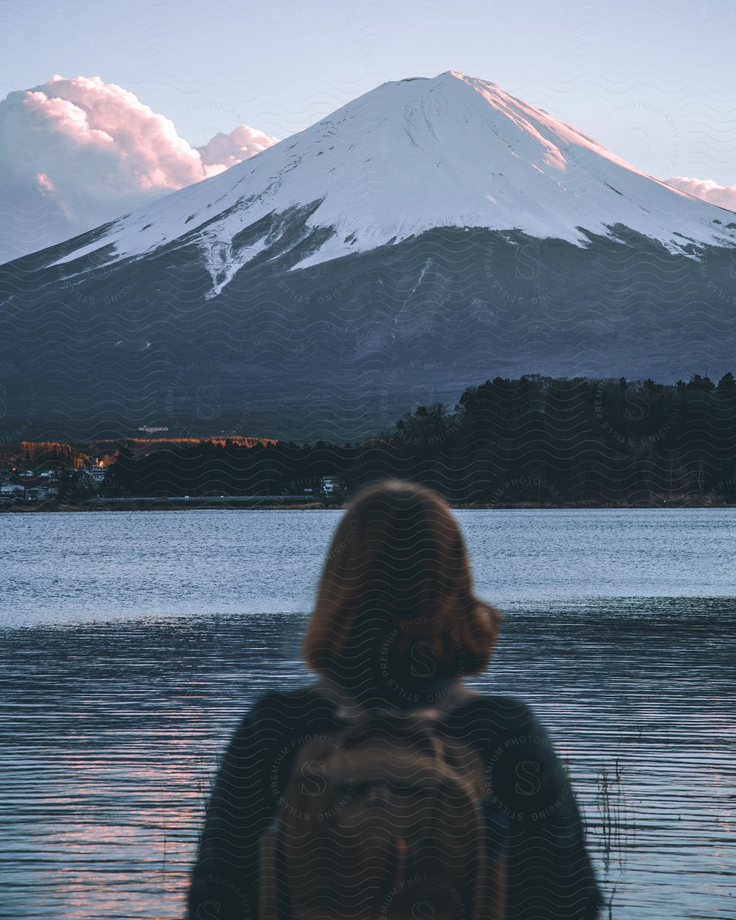 A backpacker gazes across the sea at a snowcapped mountain