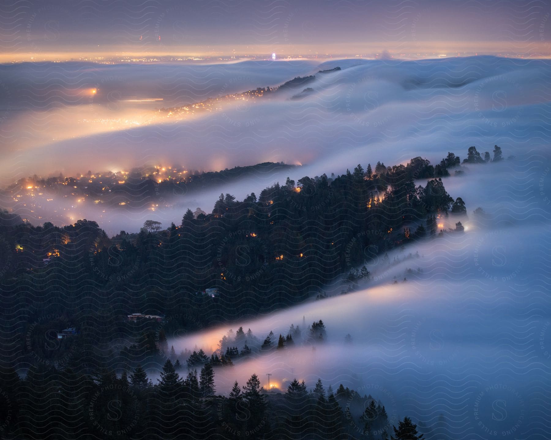 Aerial perspective of a city with atmospheric phenomenon